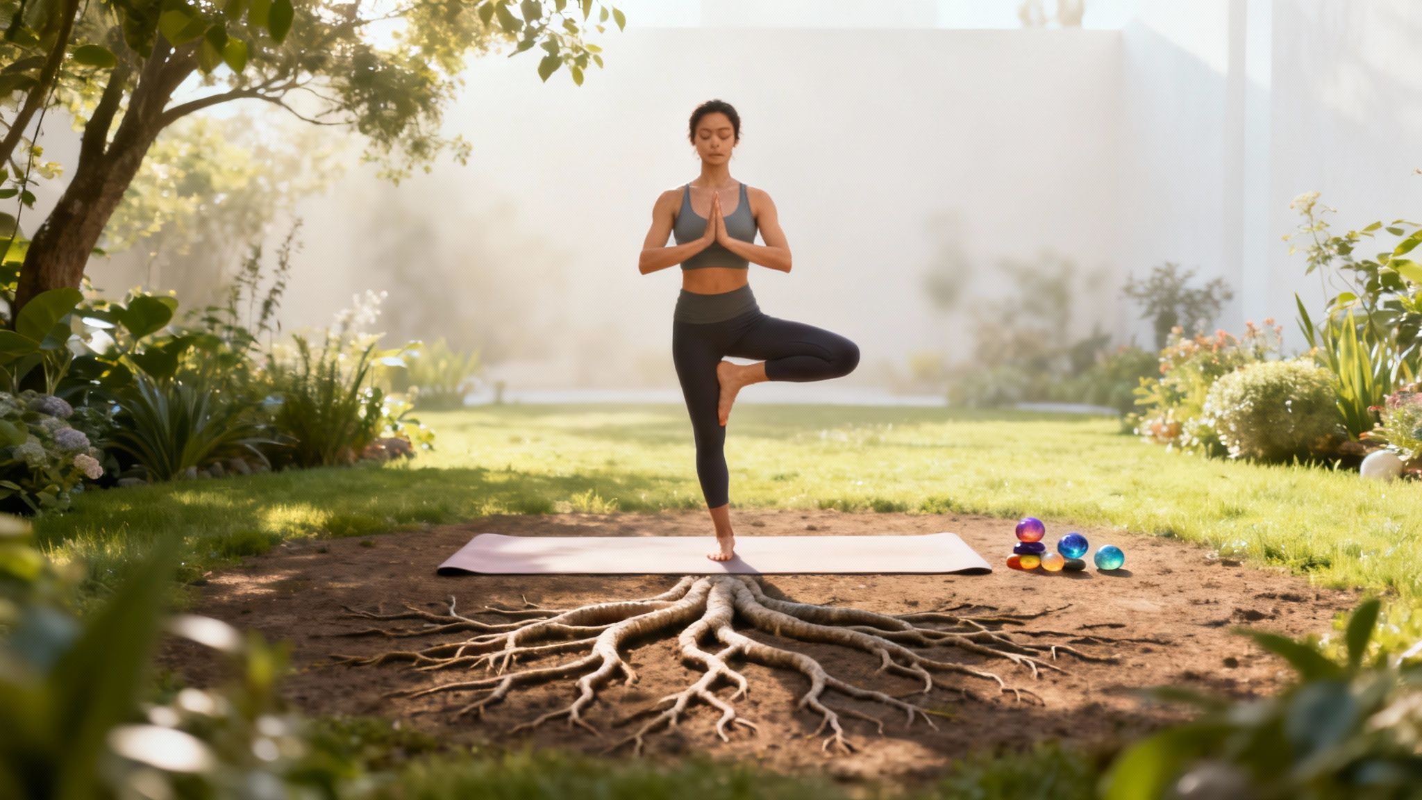 Personne méditant avec des pierres de chakra sur le corps