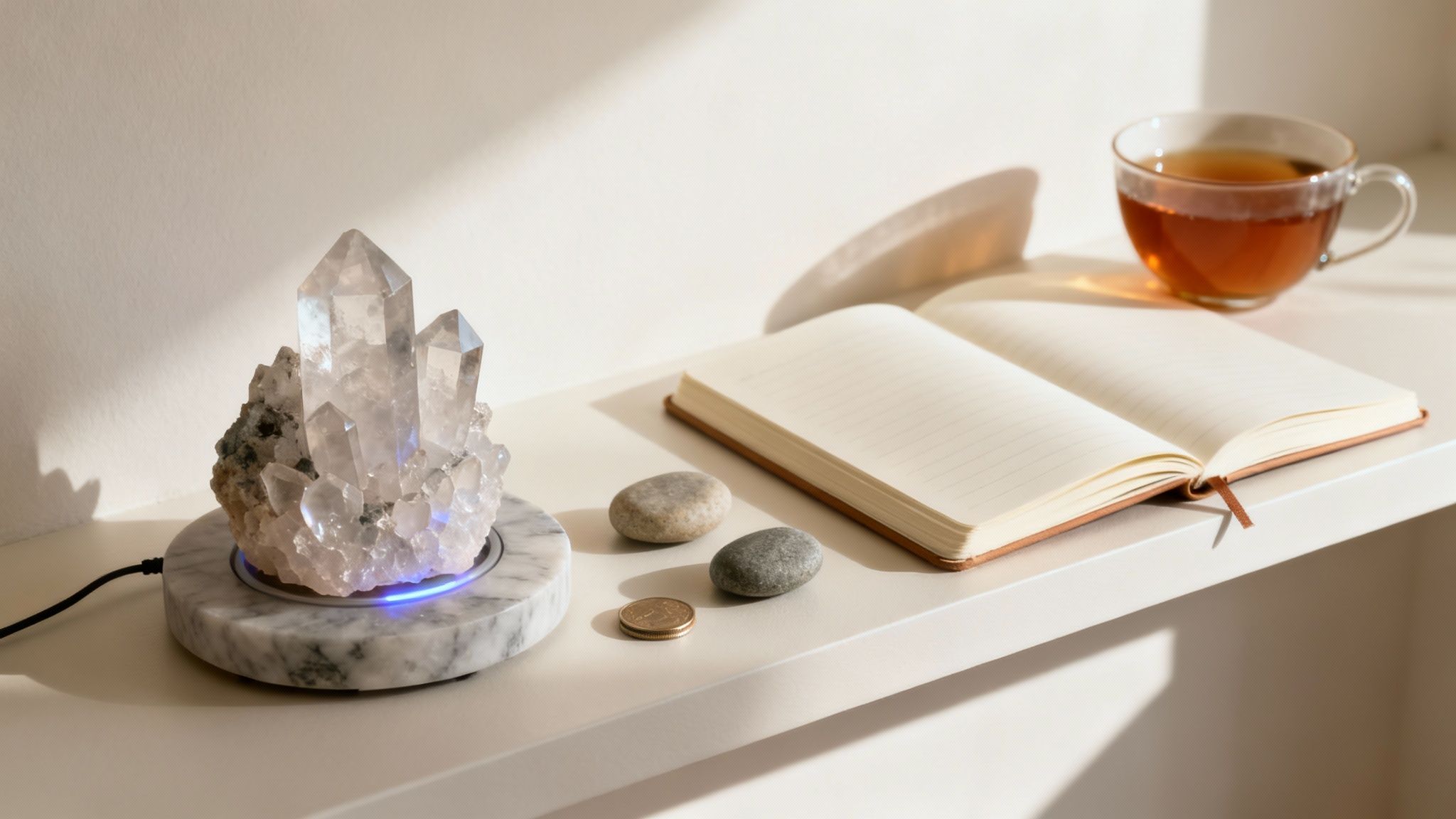 Une personne tenant des pierres naturelles dans la paume de sa main, créant un sentiment de routine et de soin.