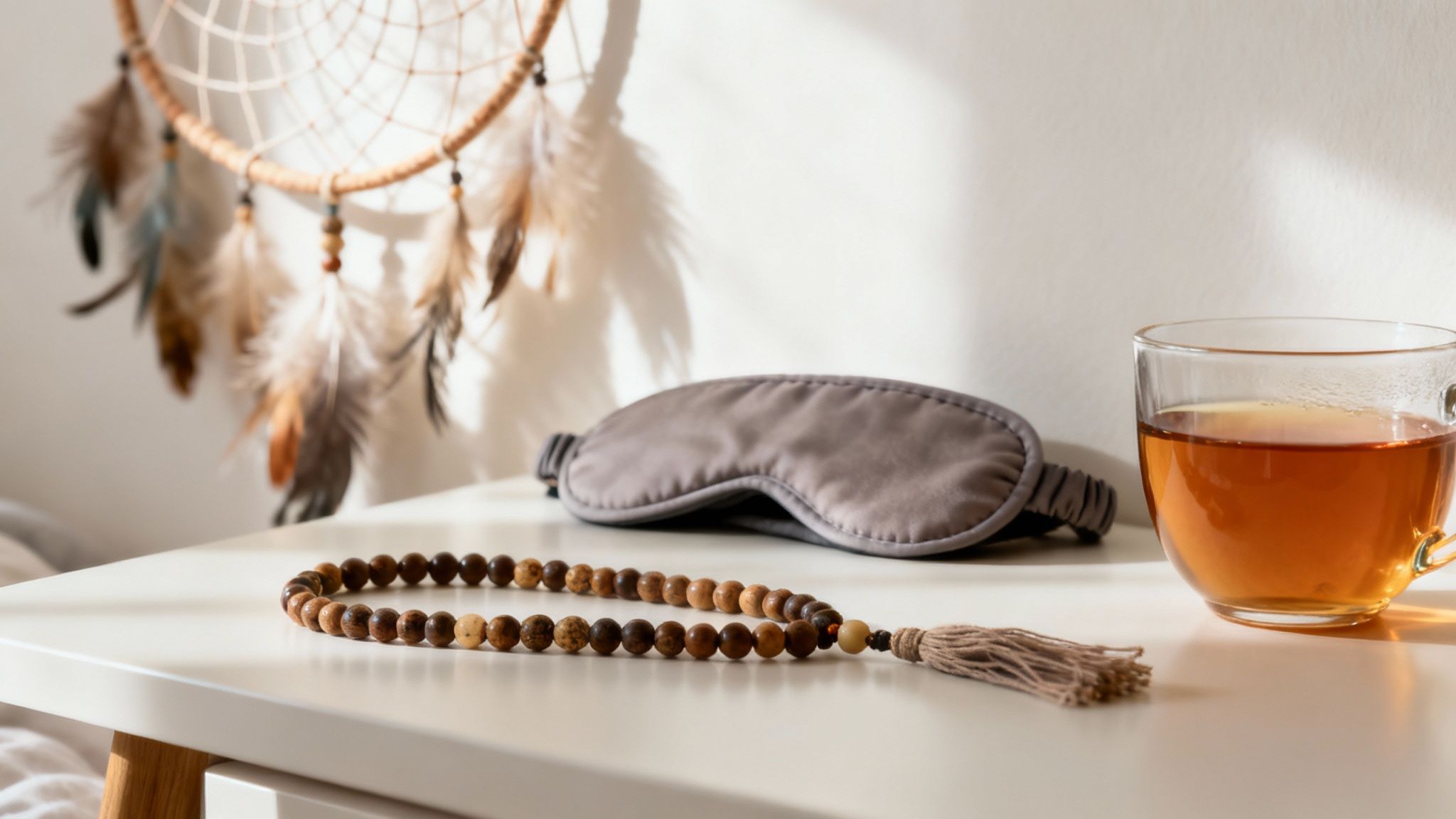 Un mala en bois de santal et un attrape-rêves suspendu au-dessus d'un lit.