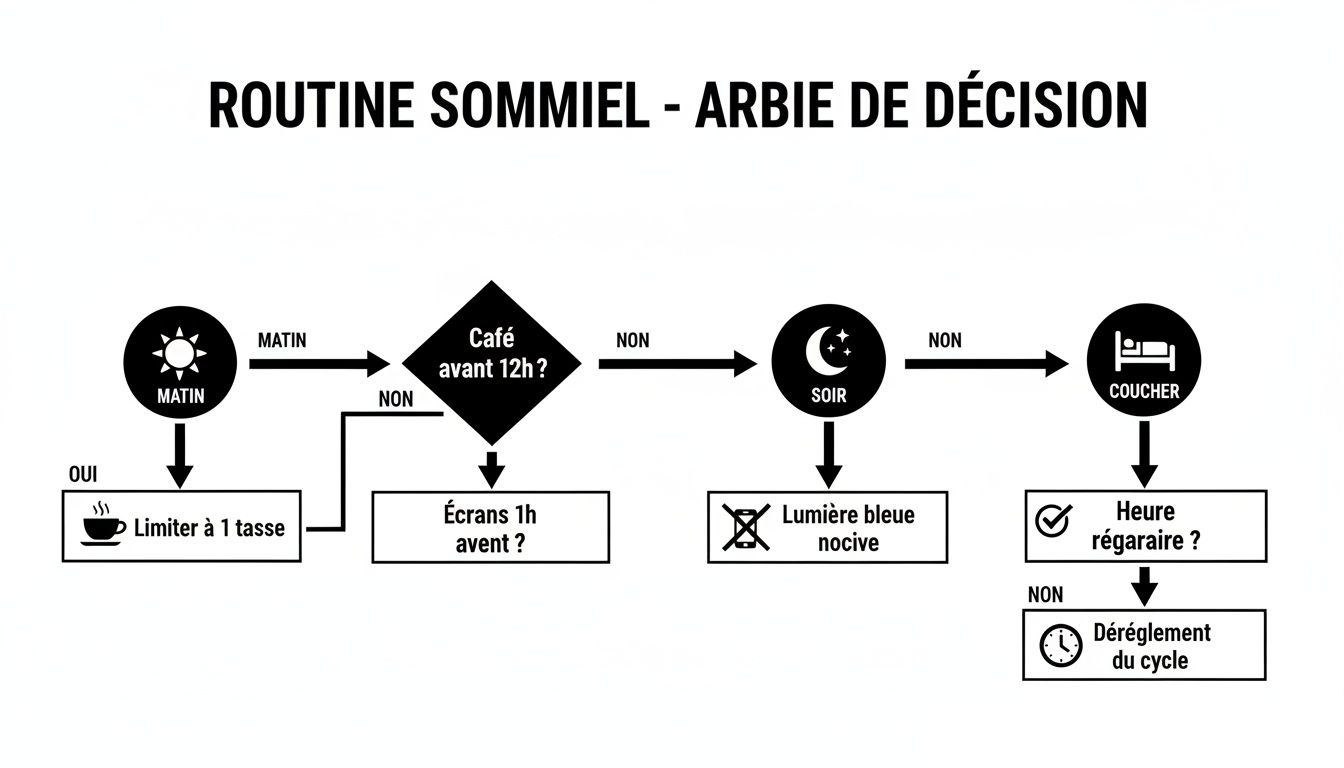 Arbre de décision visuel présentant une routine de sommeil avec des conseils pour le matin et le soir.