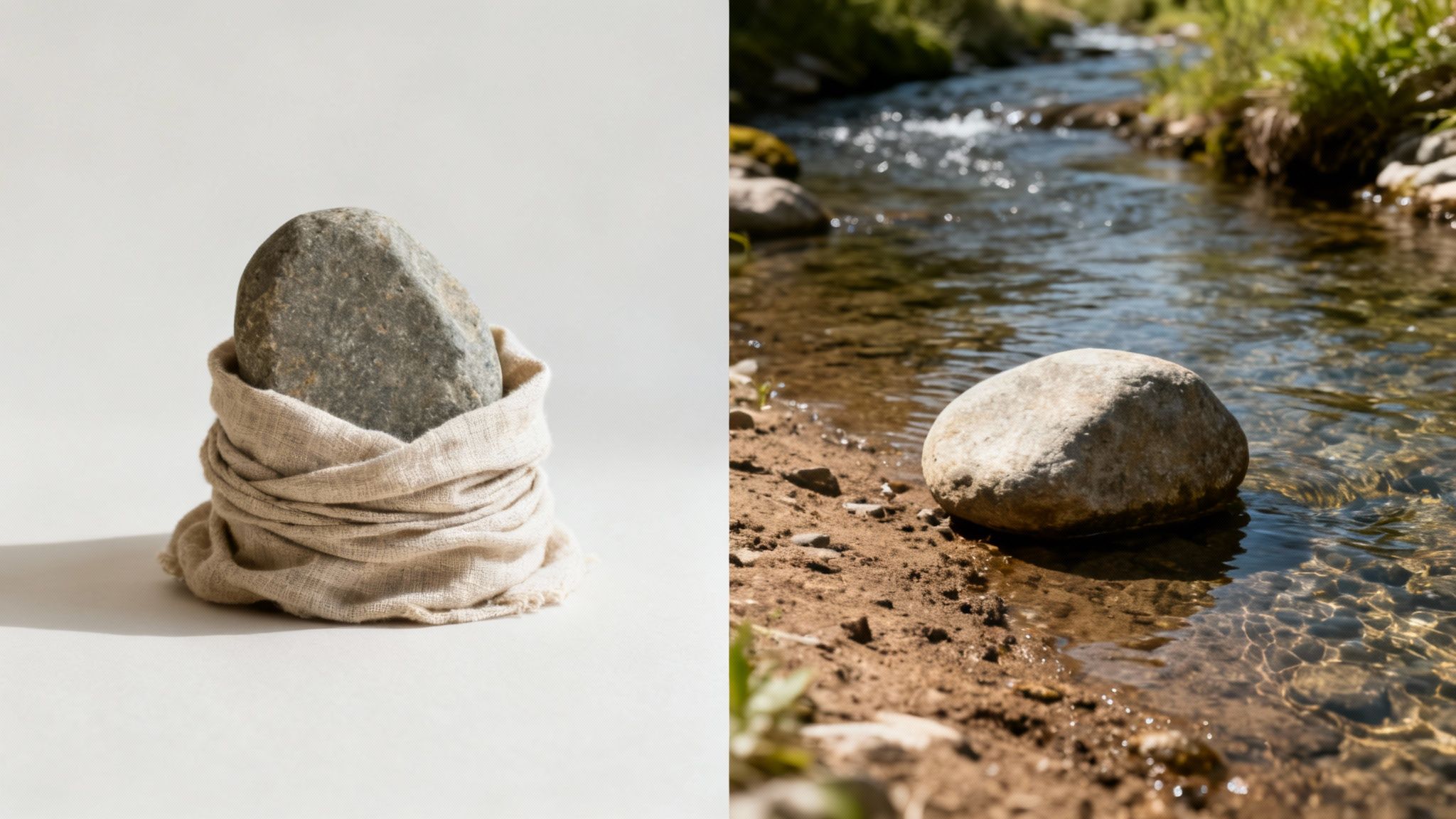 Deux pierres : l'une enveloppée dans un tissu clair sur fond blanc, l'autre sur la rive d'une rivière scintillante.