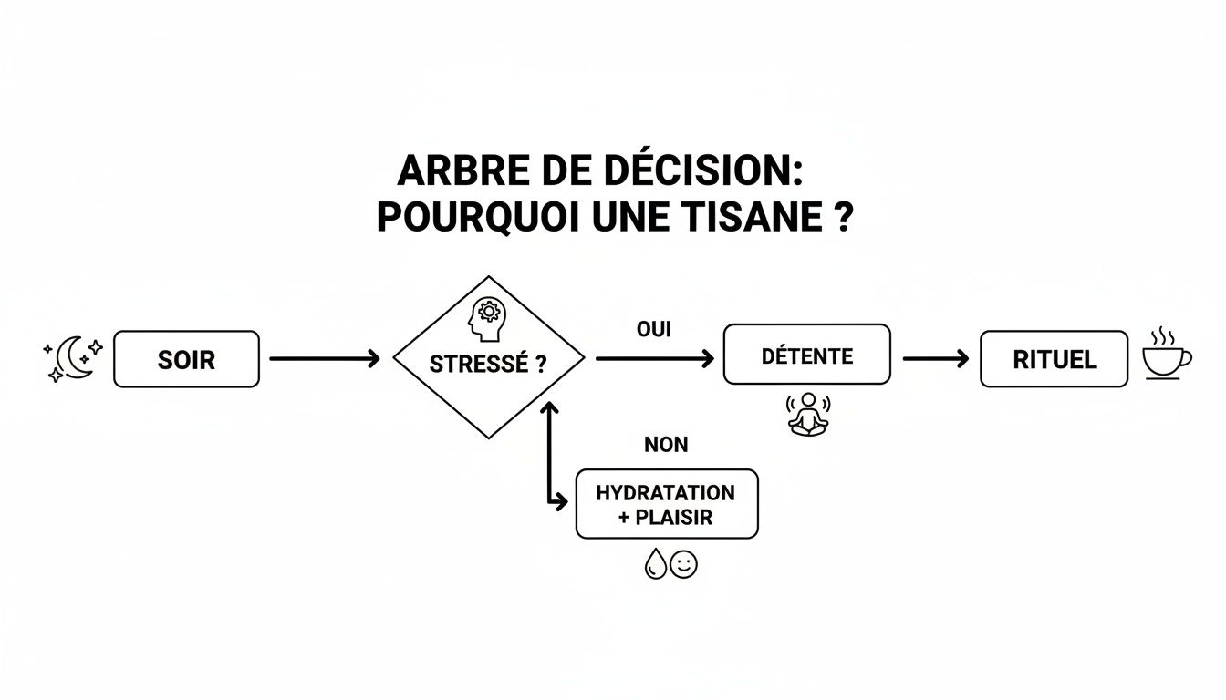 Diagramme de décision expliquant les raisons de boire une tisane le soir, pour la détente, l'hydratation ou le plaisir.