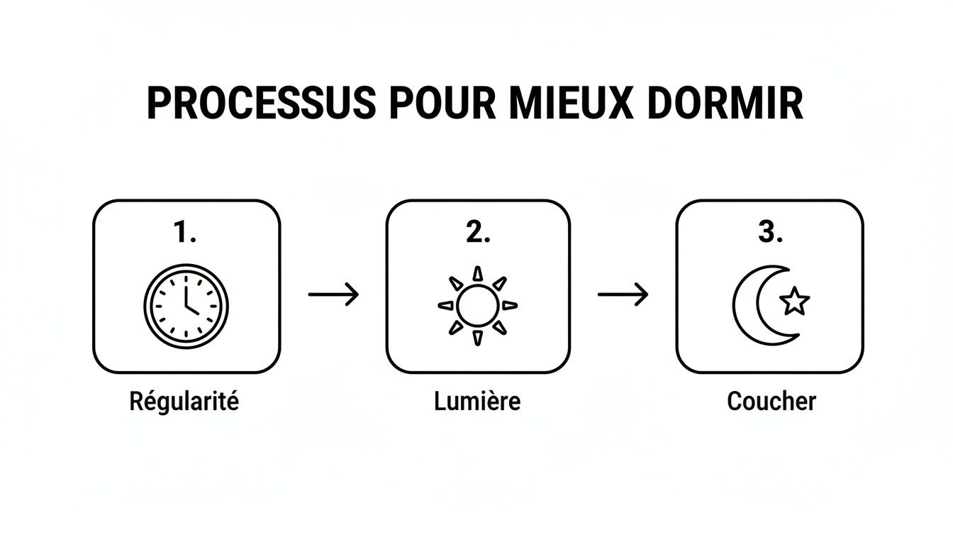 Infographie montrant le processus pour mieux dormir en trois étapes: régularité, lumière et coucher.