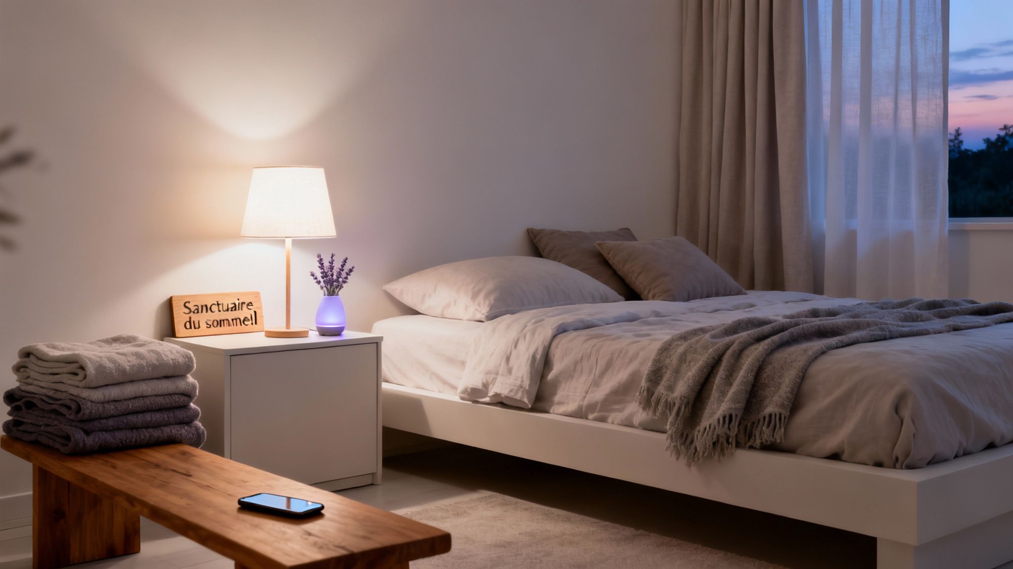 Chambre à coucher douillette au crépuscule avec lit, table de chevet, lampe douce et diffuseur de lavande pour une ambiance relaxante.