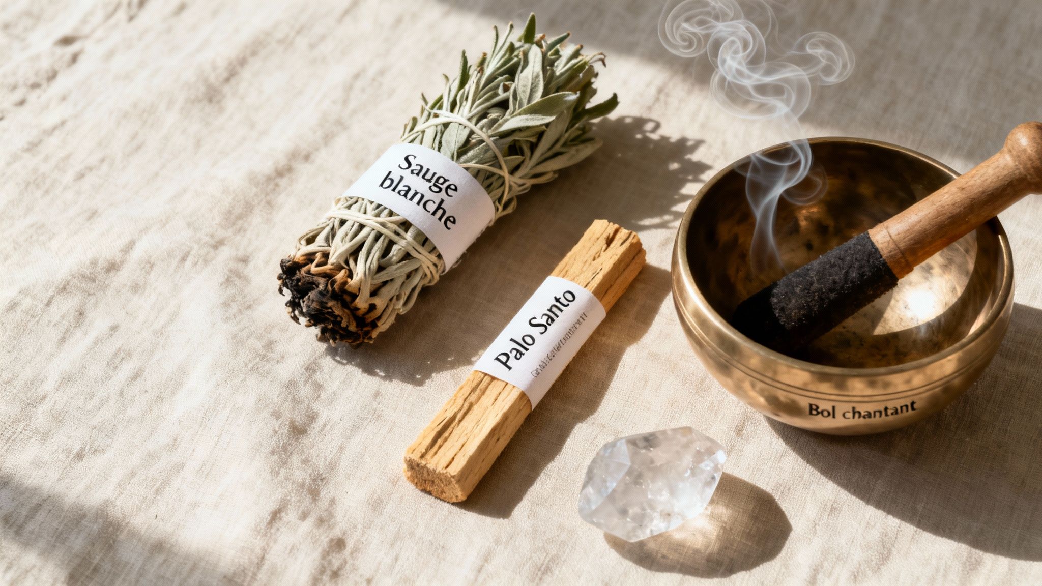 Un bouquet de sauge blanche, du palo santo, un bol chantant fumant et un cristal pour la purification et le bien-être.