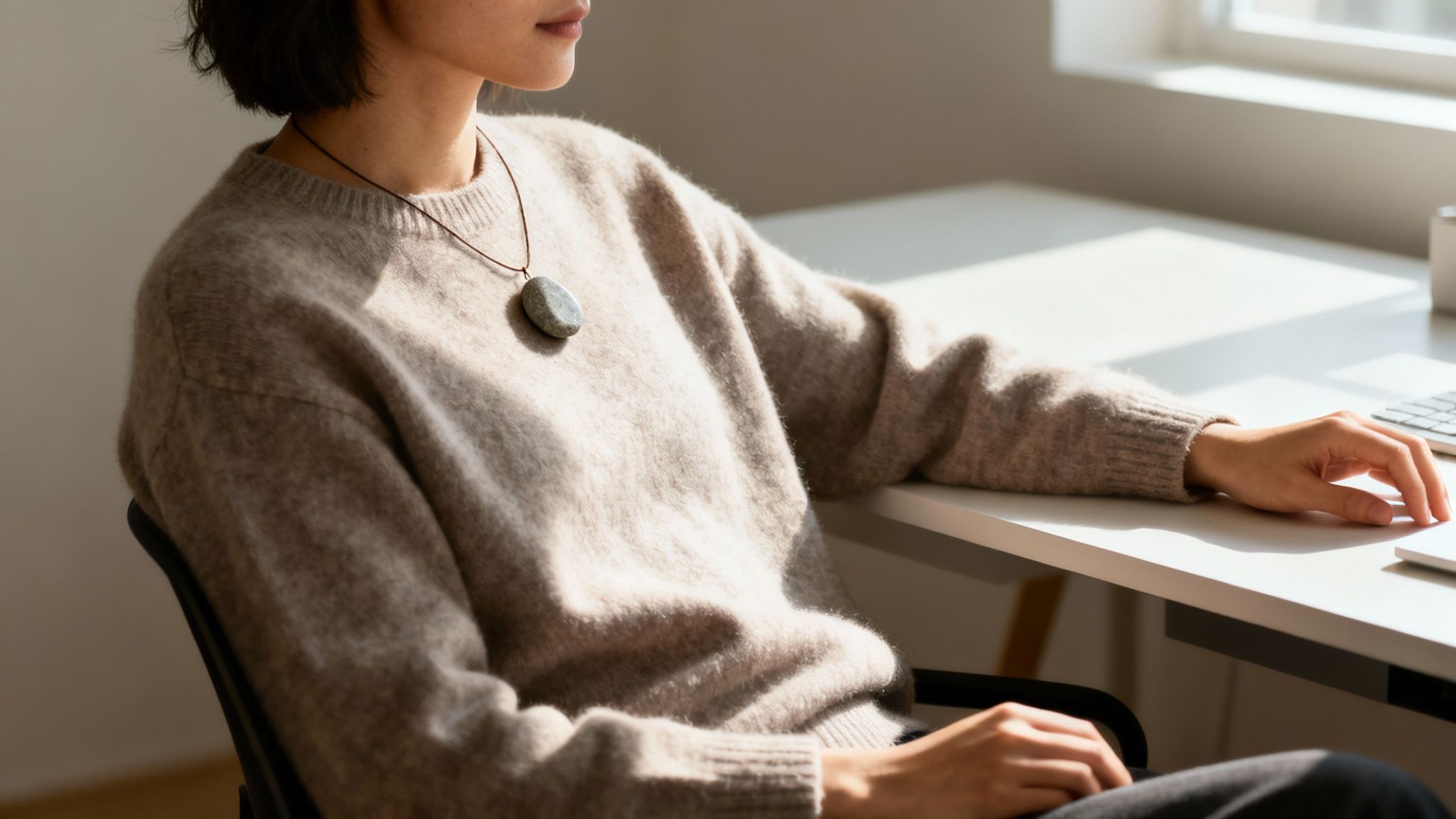 Femme en pull beige, portant un pendentif en pierre, assise à un bureau baigné de lumière naturelle.