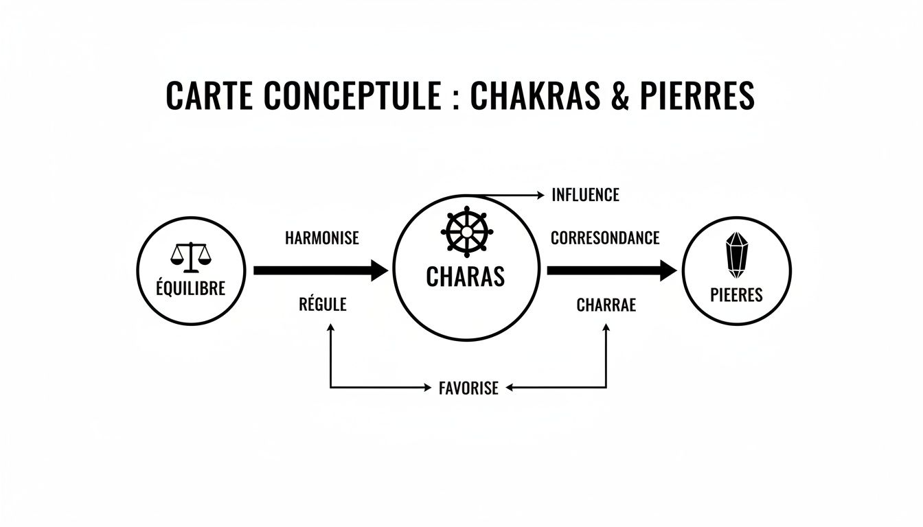 Carte conceptuelle illustrant l'équilibre, les chakras et les pierres, et leurs interactions bénéfiques.