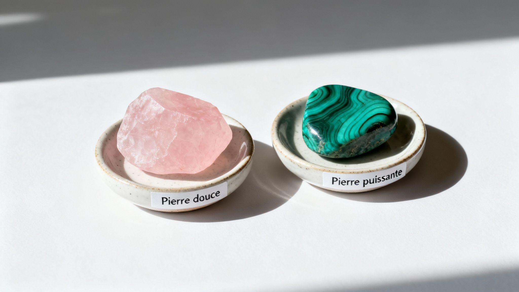 Un quartz rose et une malachite dans des coupelles, étiquetés 'Pierre douce' et 'Pierre puissante' sur fond blanc.