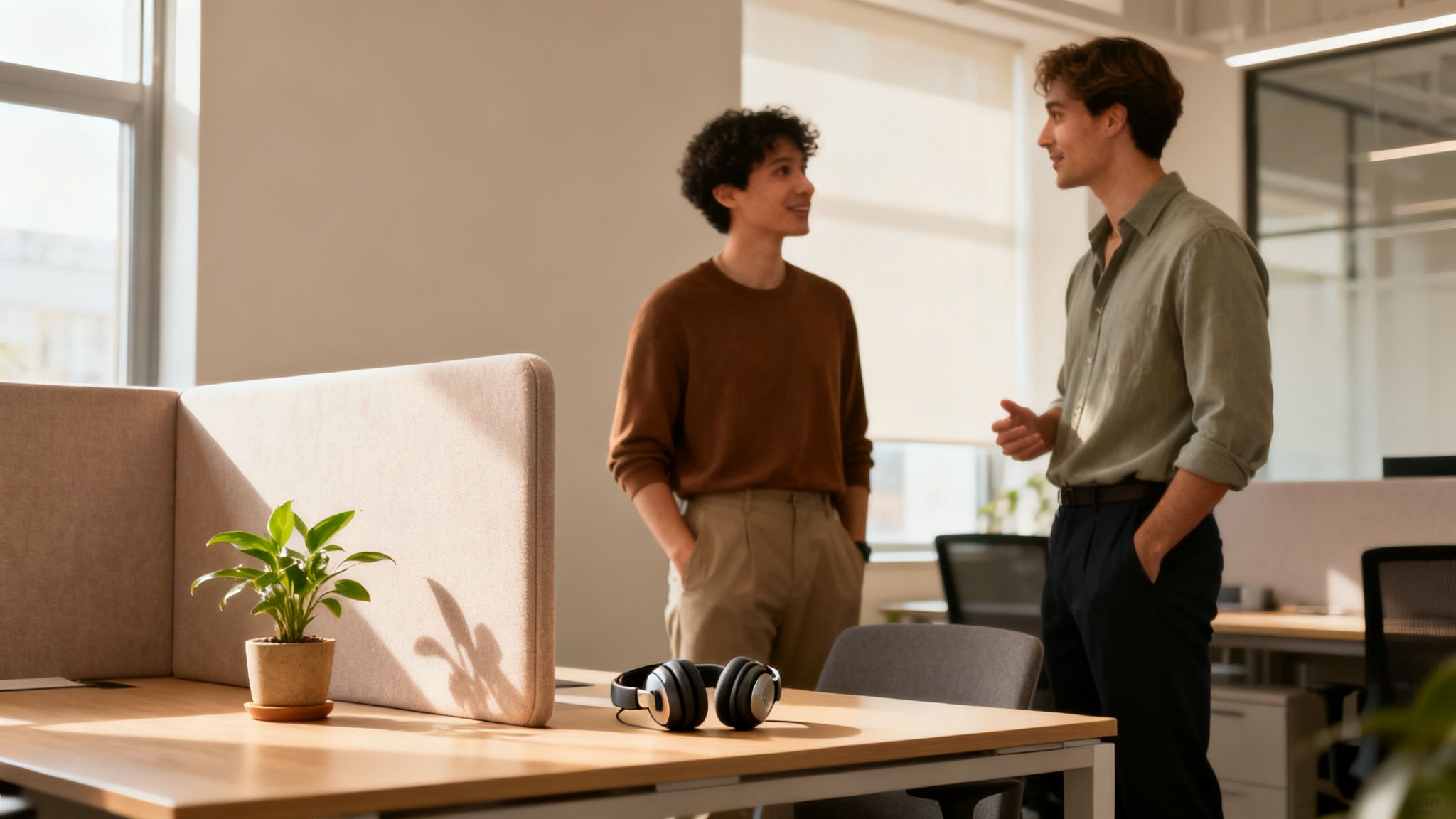 Deux jeunes hommes souriants discutent dans un bureau lumineux, avec un casque audio et une plante sur le bureau.