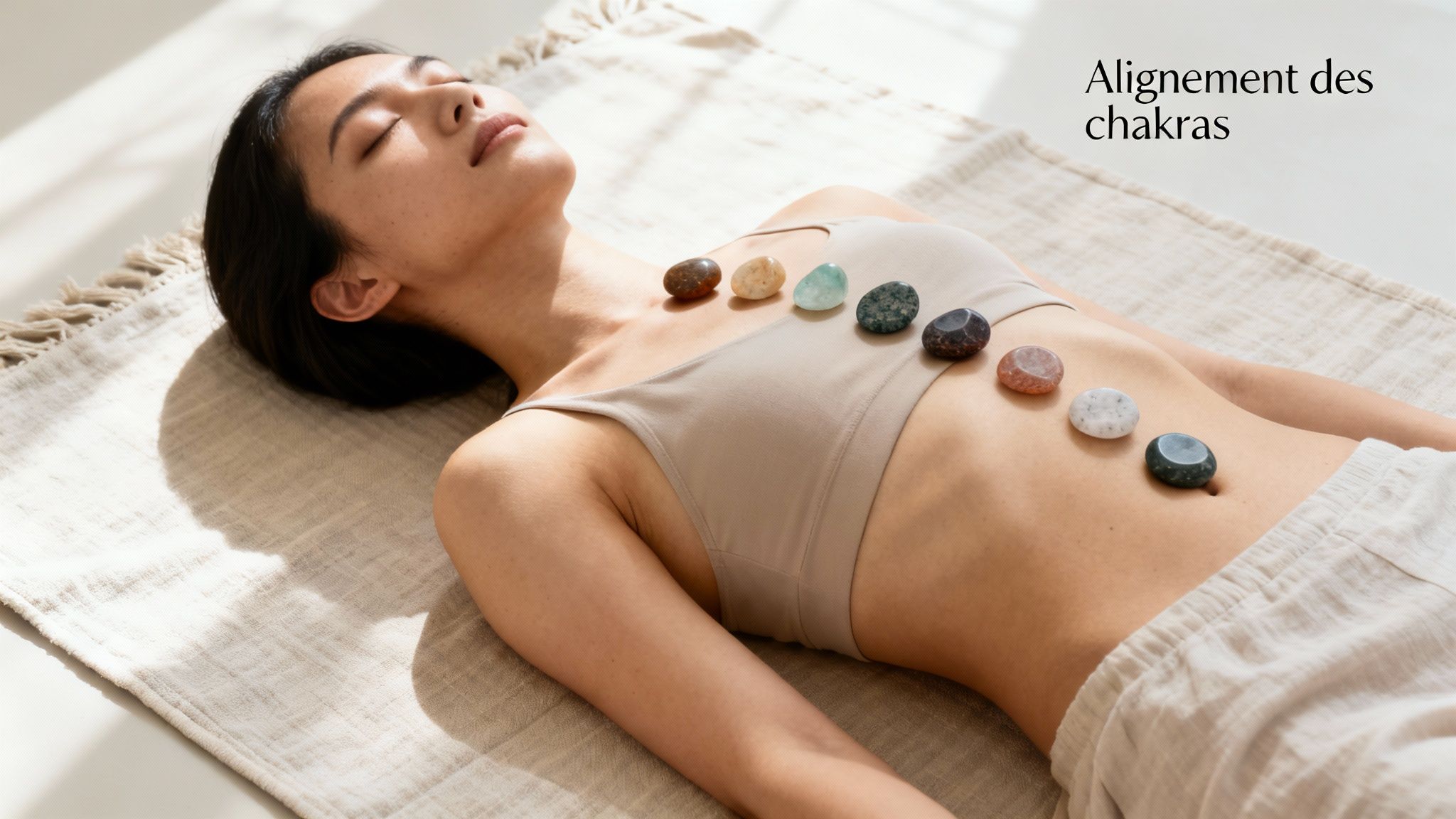 Une femme allongée en position de méditation, les yeux fermés, avec sept pierres de chakra alignées sur son corps pour l'harmonisation.