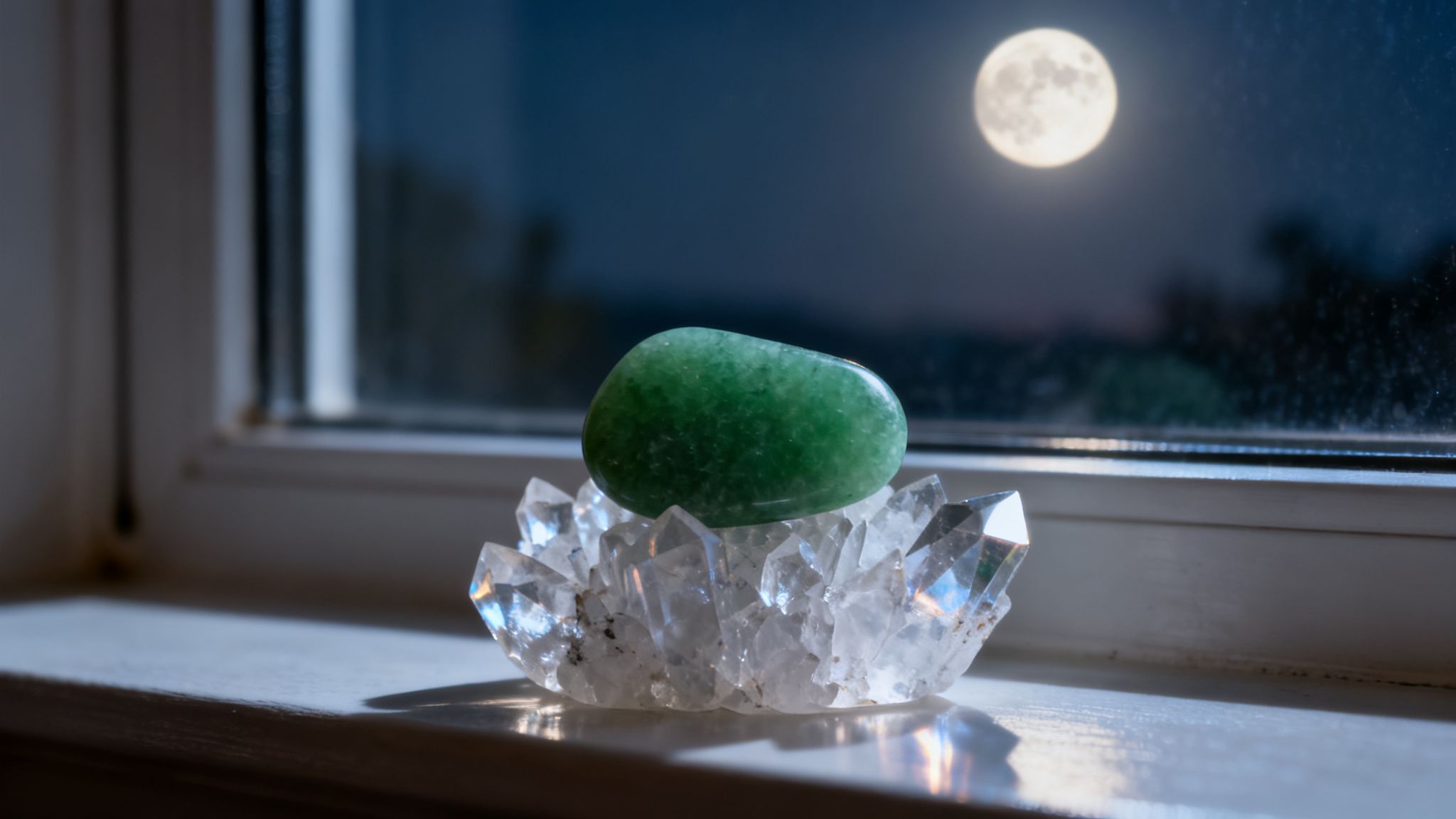 Pierre d'aventurine verte sur un amas de quartz, posée sur un rebord de fenêtre sous la pleine lune.