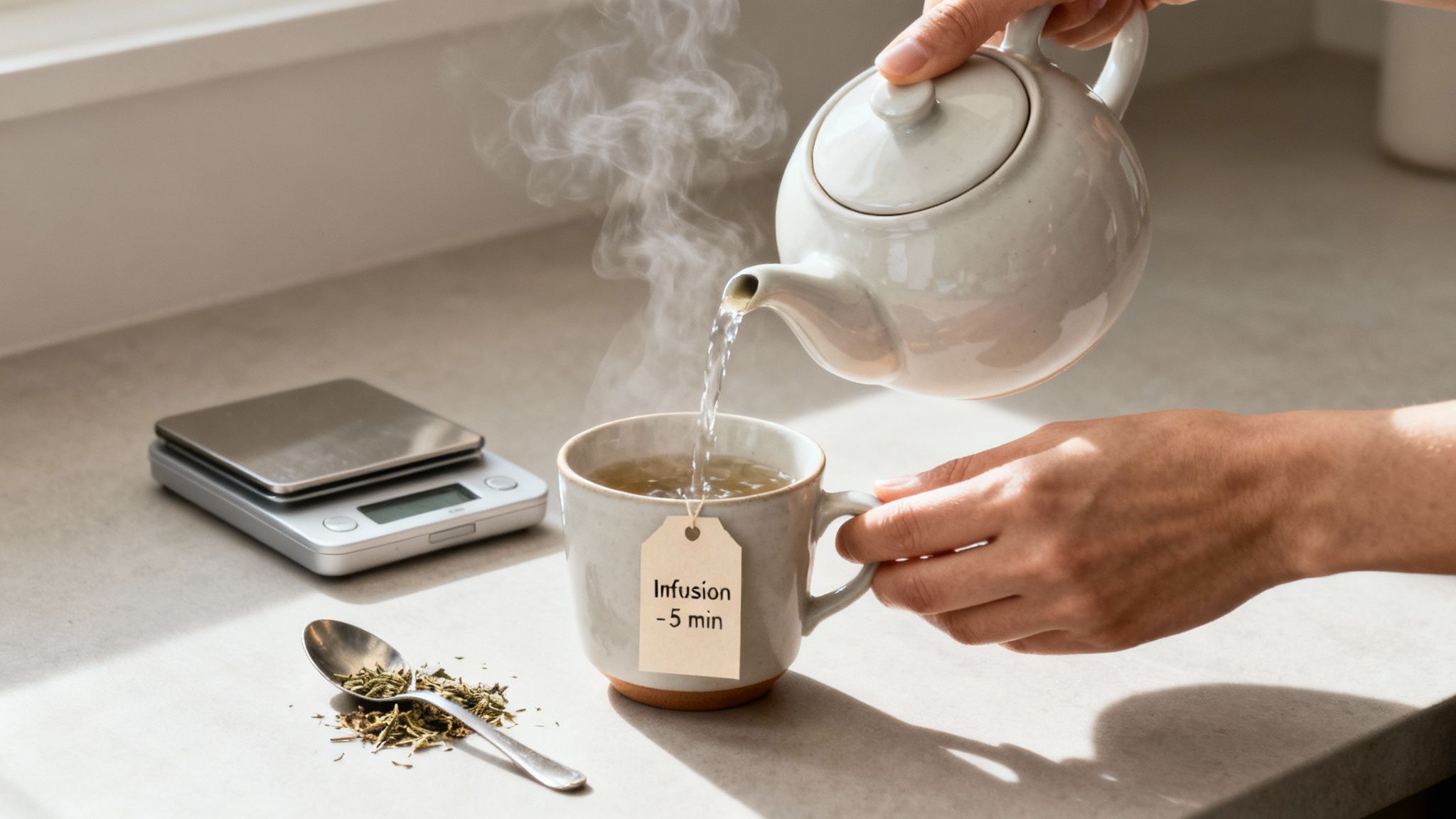 Mains versant de l'eau chaude fumante d'une théière dans une tasse de tisane avec étiquette "Infusion - 5 min".