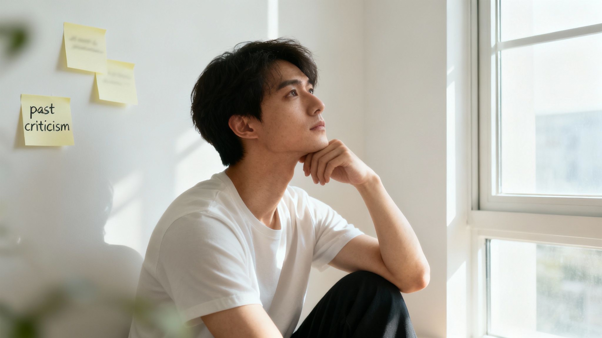 Jeune homme pensif assis près d'une fenêtre, réfléchissant au développement personnel et dépassement des critiques