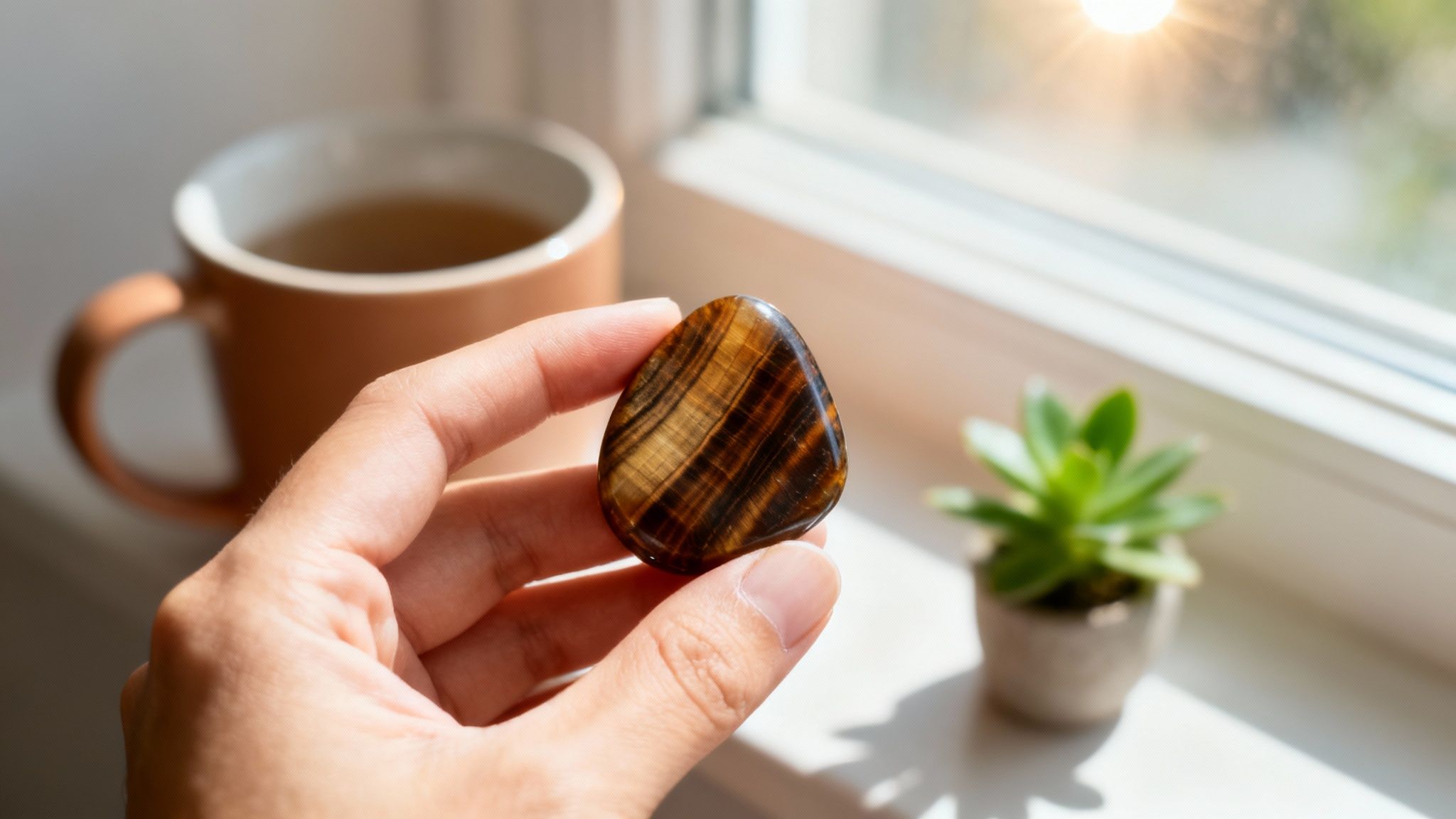 Main tenant une pierre œil de tigre polie, près d'une fenêtre ensoleillée avec une tasse et une plante.