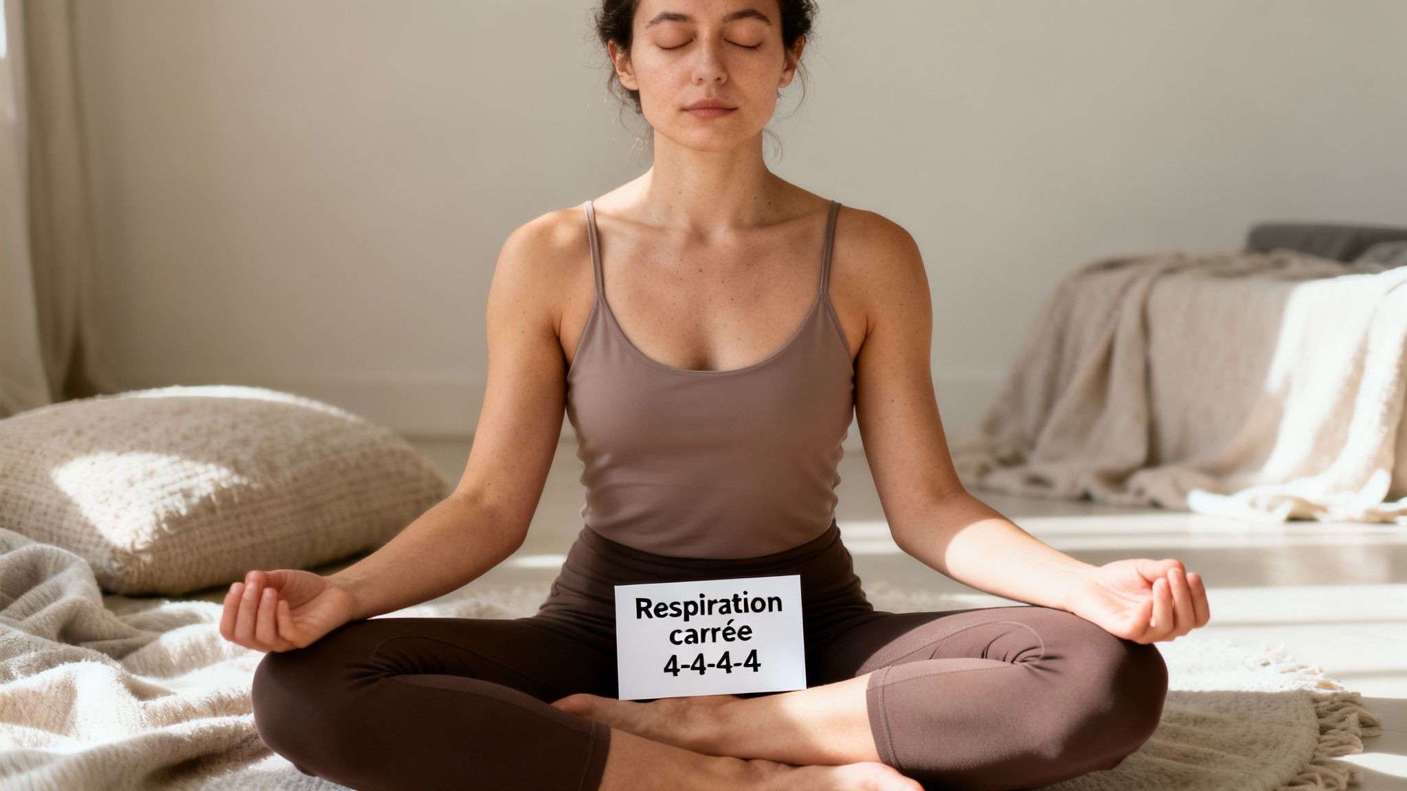 Femme sereine méditant en position du lotus, pratiquant la respiration carrée 4-4-4-4 pour le calme.