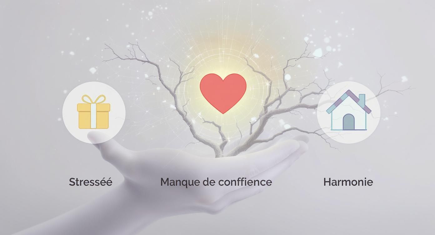 Main tenant un arbre avec un cœur lumineux, symbolisant l'harmonie, la confiance et la réduction du stress.