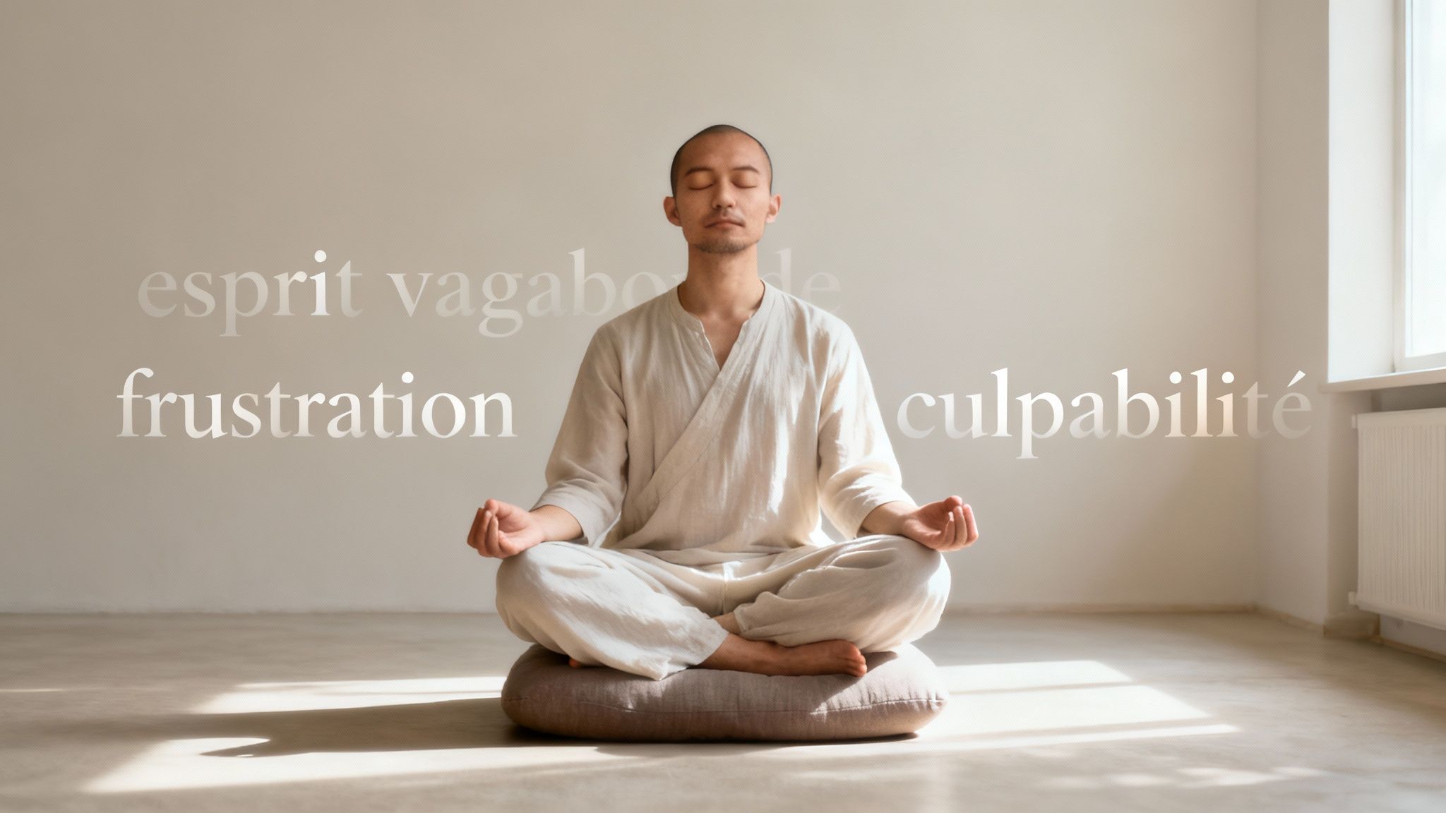 Une personne médite en position du lotus, confrontée aux mots 'frustration' et 'culpabilité', cherchant la sérénité.