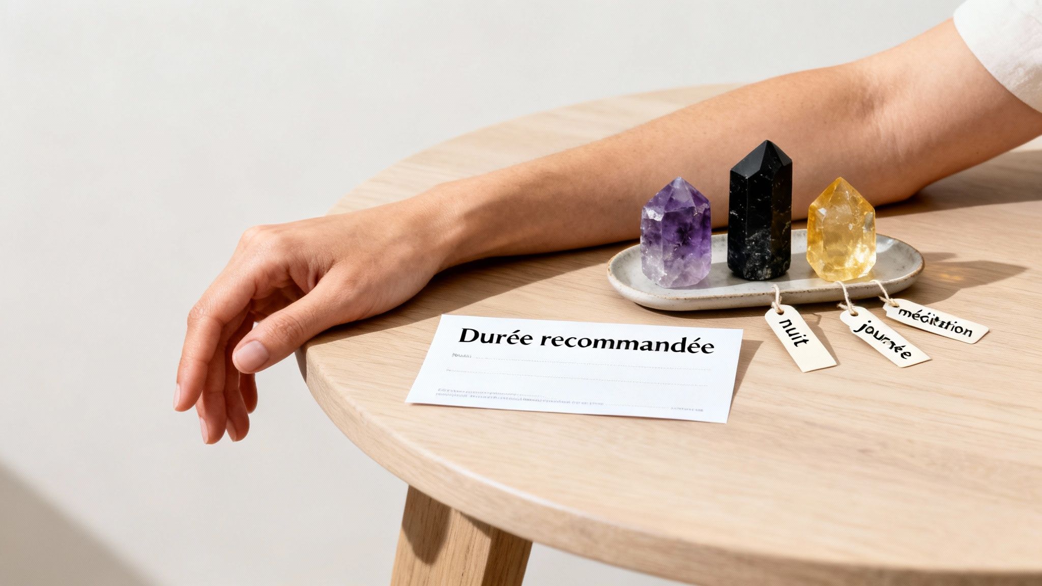 Une main sur une table en bois avec des cristaux (améthyste, tourmaline, citrine), des étiquettes et un carton "Durée recommandée".