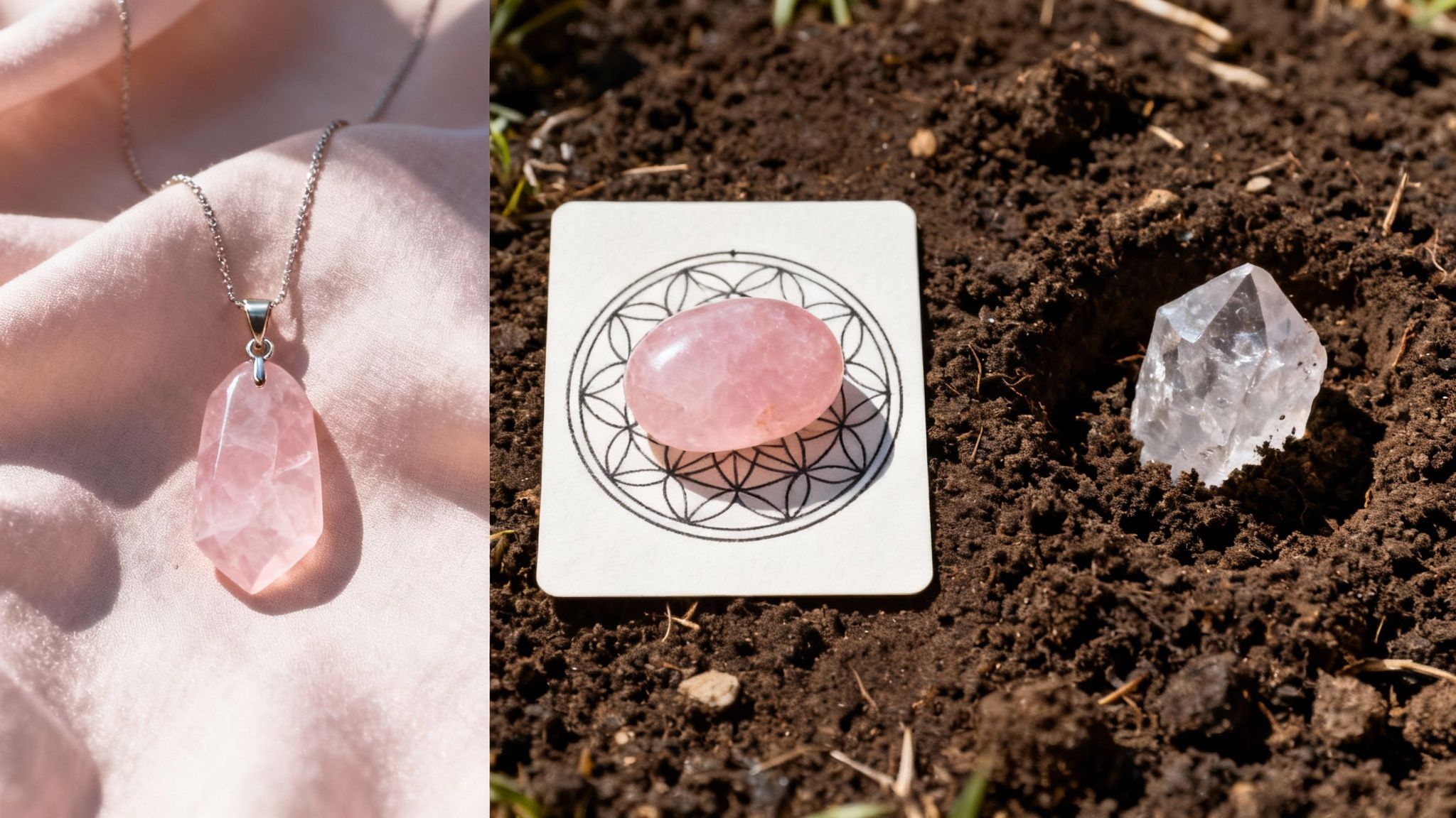 Pendentif en quartz rose sur tissu rose clair, un quartz rose poli sur une carte géométrique et un cristal de quartz clair dans la terre.