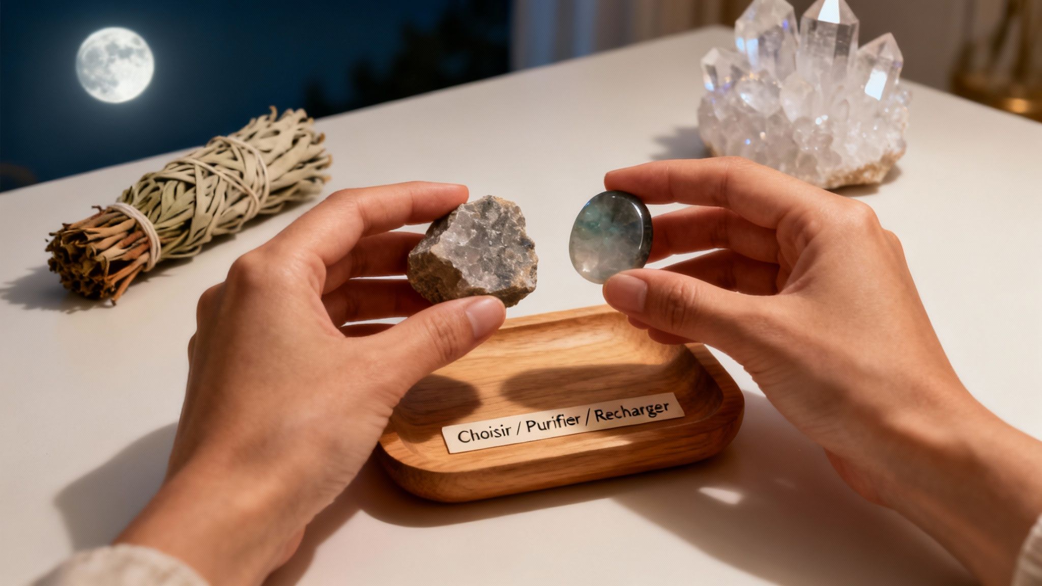 Mains tenant des cristaux au-dessus d'un plateau en bois, avec de la sauge, du quartz et la pleine lune.