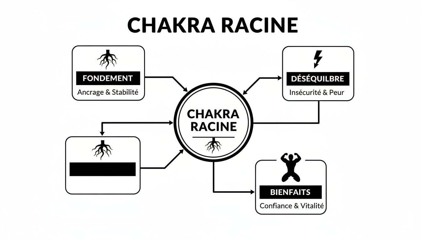 Diagramme explicatif du Chakra Racine, détaillant ses fondements, les conséquences d'un déséquilibre et ses bienfaits.