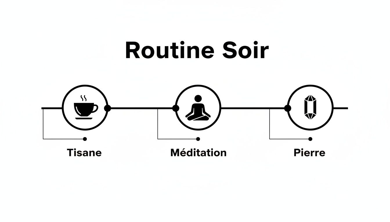 Infographie simple illustrant une routine du soir relaxante pour la détente: tisane, méditation et pierre.