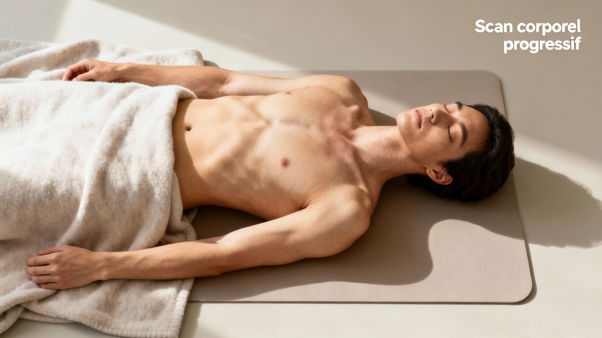 Homme allongé sur un tapis de yoga avec une serviette, pratiquant un scan corporel progressif pour la relaxation.