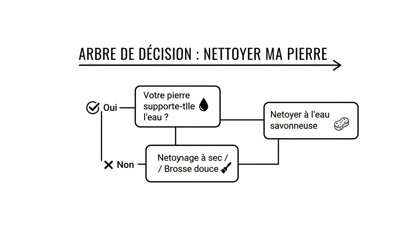 Un arbre de décision illustrant les étapes pour nettoyer une pierre, distinguant les méthodes avec et sans eau.