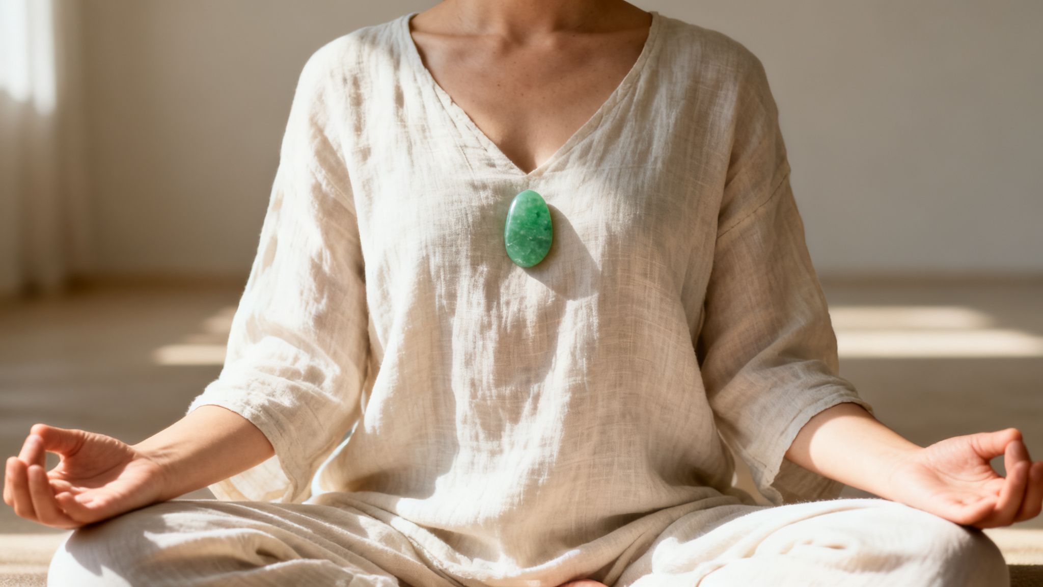 Personne méditant paisiblement avec une pierre d'aventurine verte sur la poitrine, dans une posture sereine.