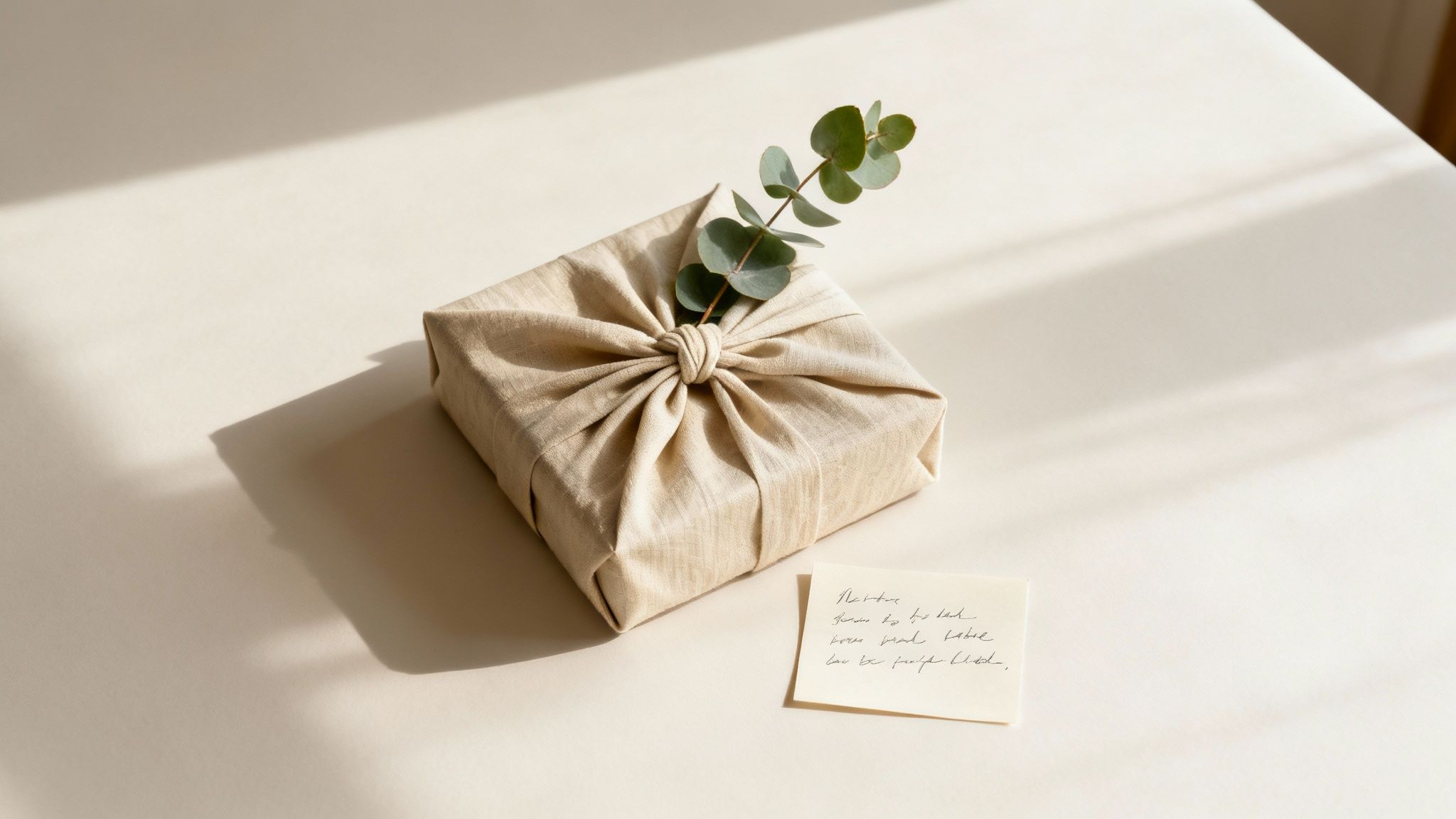 Un cadeau zen enveloppé dans un tissu beige avec un nœud, décoré d'une feuille d'eucalyptus et une carte manuscrite.