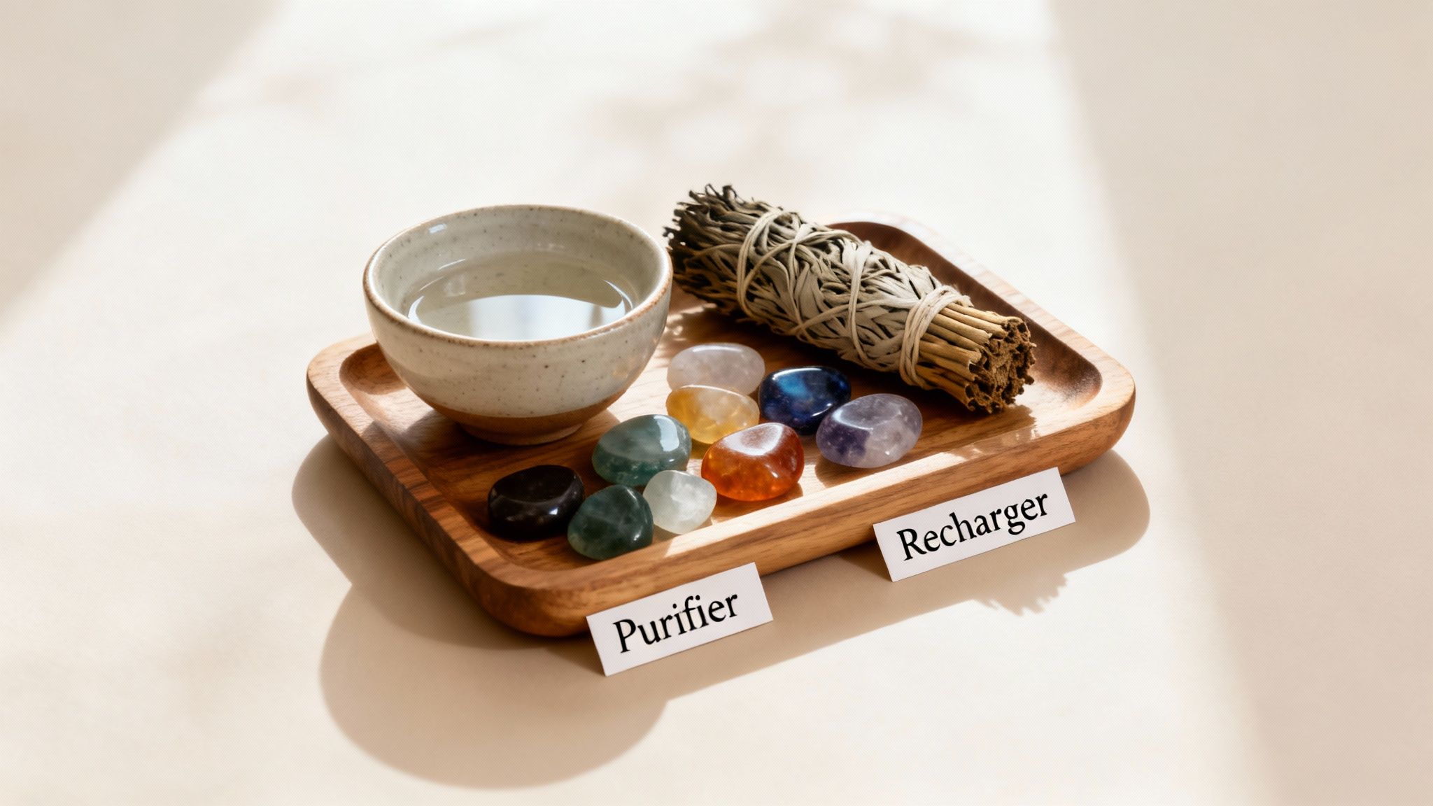 Un plateau en bois avec un bol d'eau, de la sauge blanche et des pierres de chakra colorées pour la purification et la recharge énergétique.