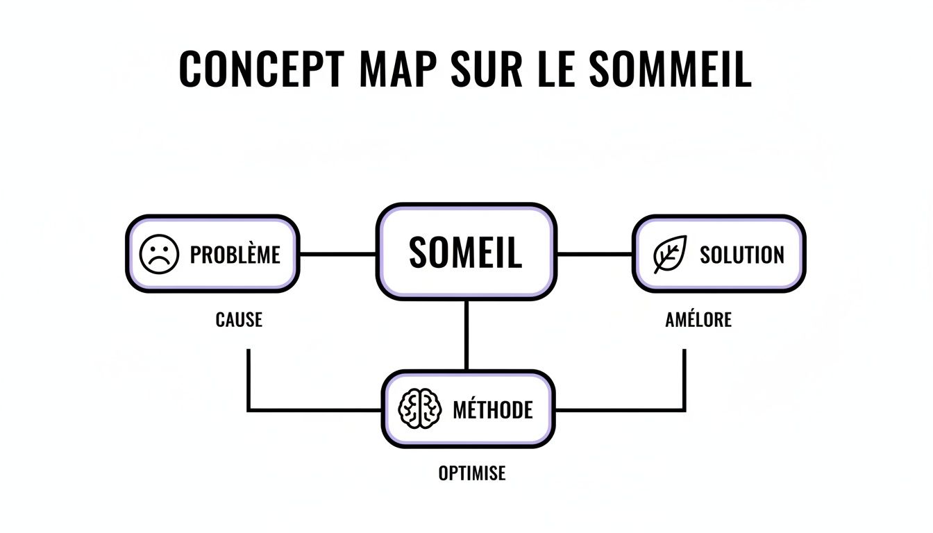 Carte conceptuelle illustrant le sommeil, reliant les problèmes, solutions et méthodes pour optimiser le repos.