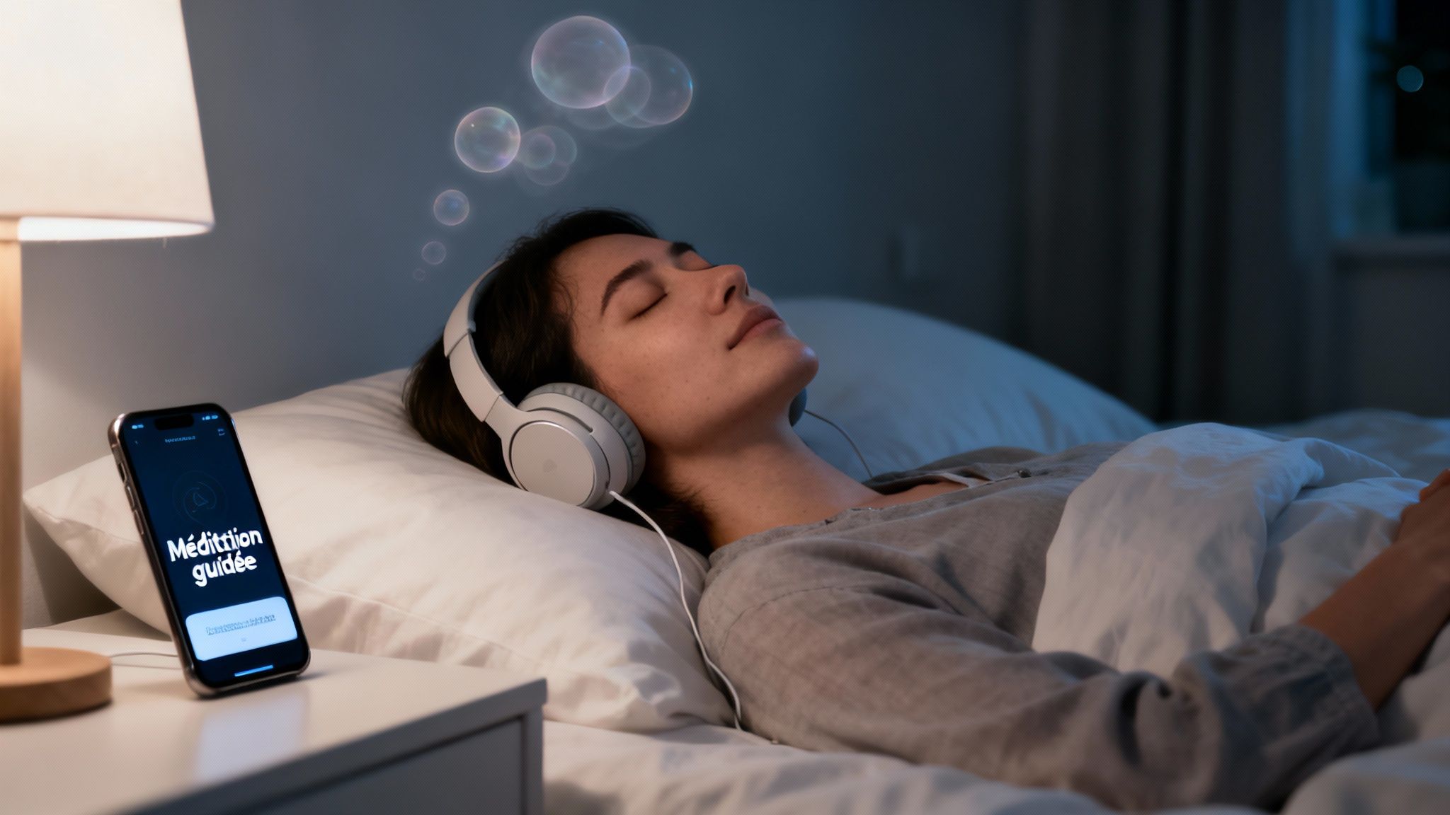 Femme dans son lit écoutant une méditation guidée avec des écouteurs et un téléphone sur la table de chevet.