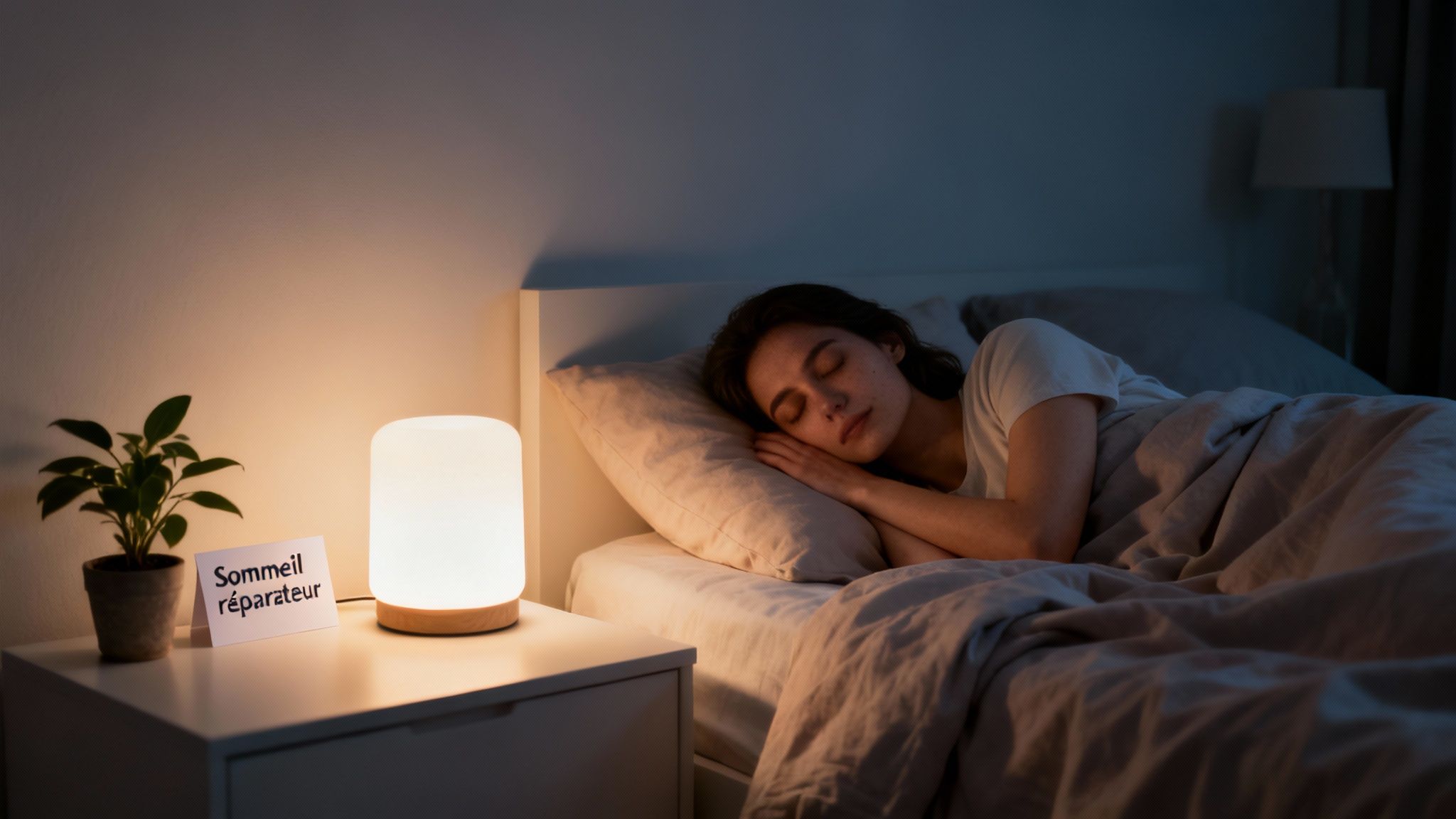 Une femme dort paisiblement dans son lit, éclairée par une lampe de chevet. Un message "Sommeil réparateur" est visible.