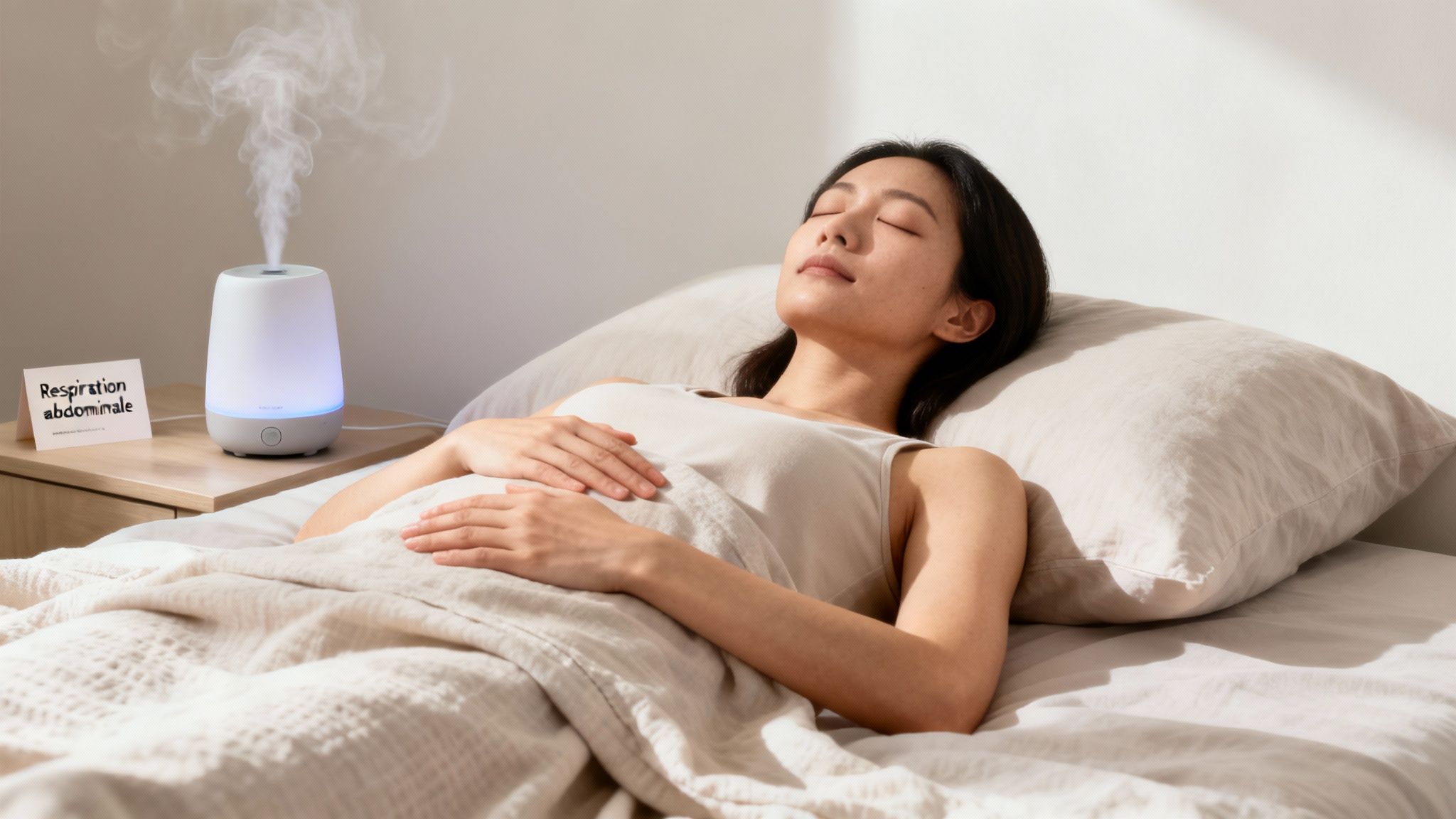 Une femme détendue dans son lit, les yeux fermés, près d'un diffuseur d'huiles essentielles, pratiquant la respiration abdominale.