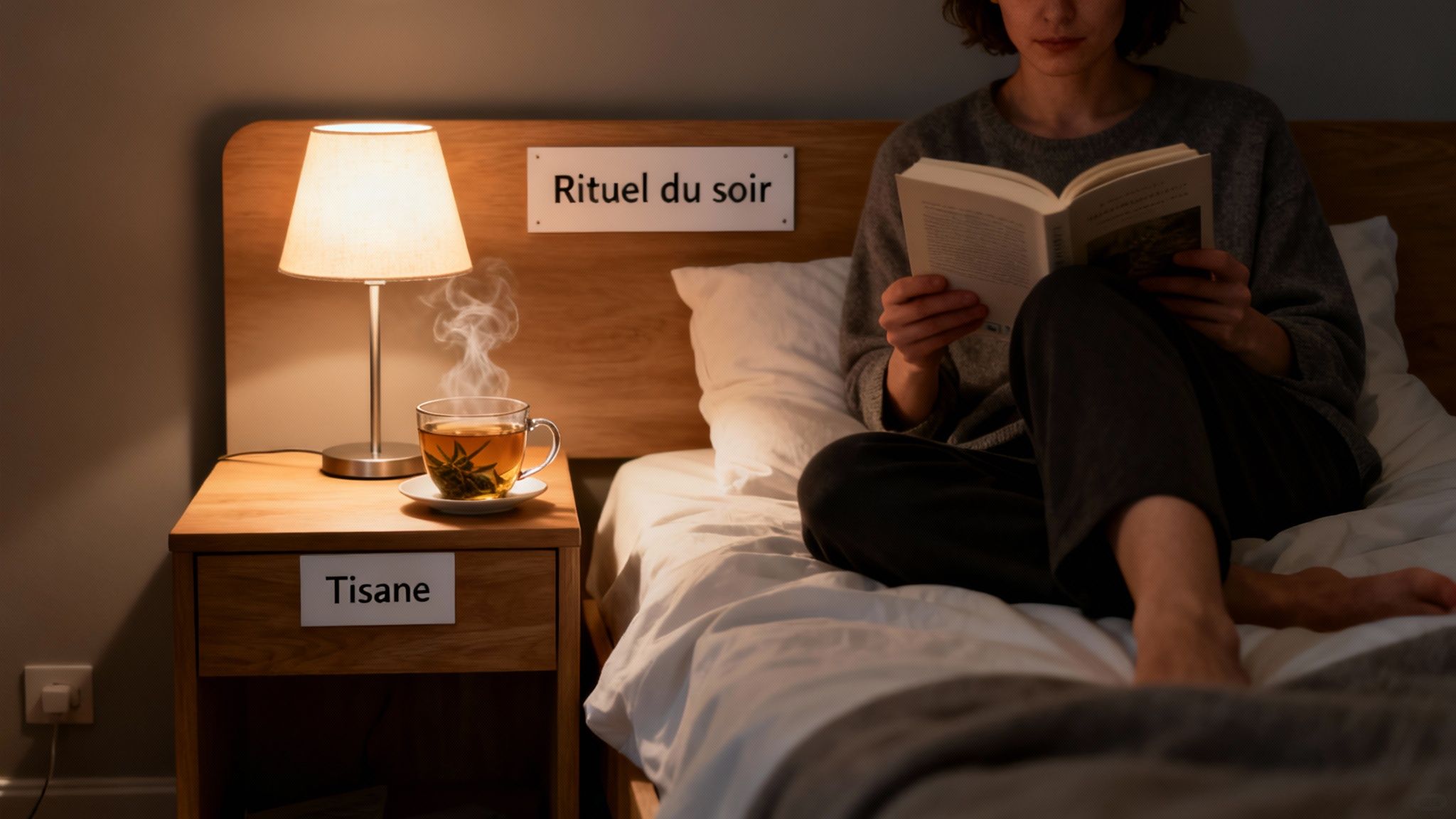 Une personne lit un livre au lit, avec une tisane chaude et une lampe de chevet pour un rituel du soir relaxant.