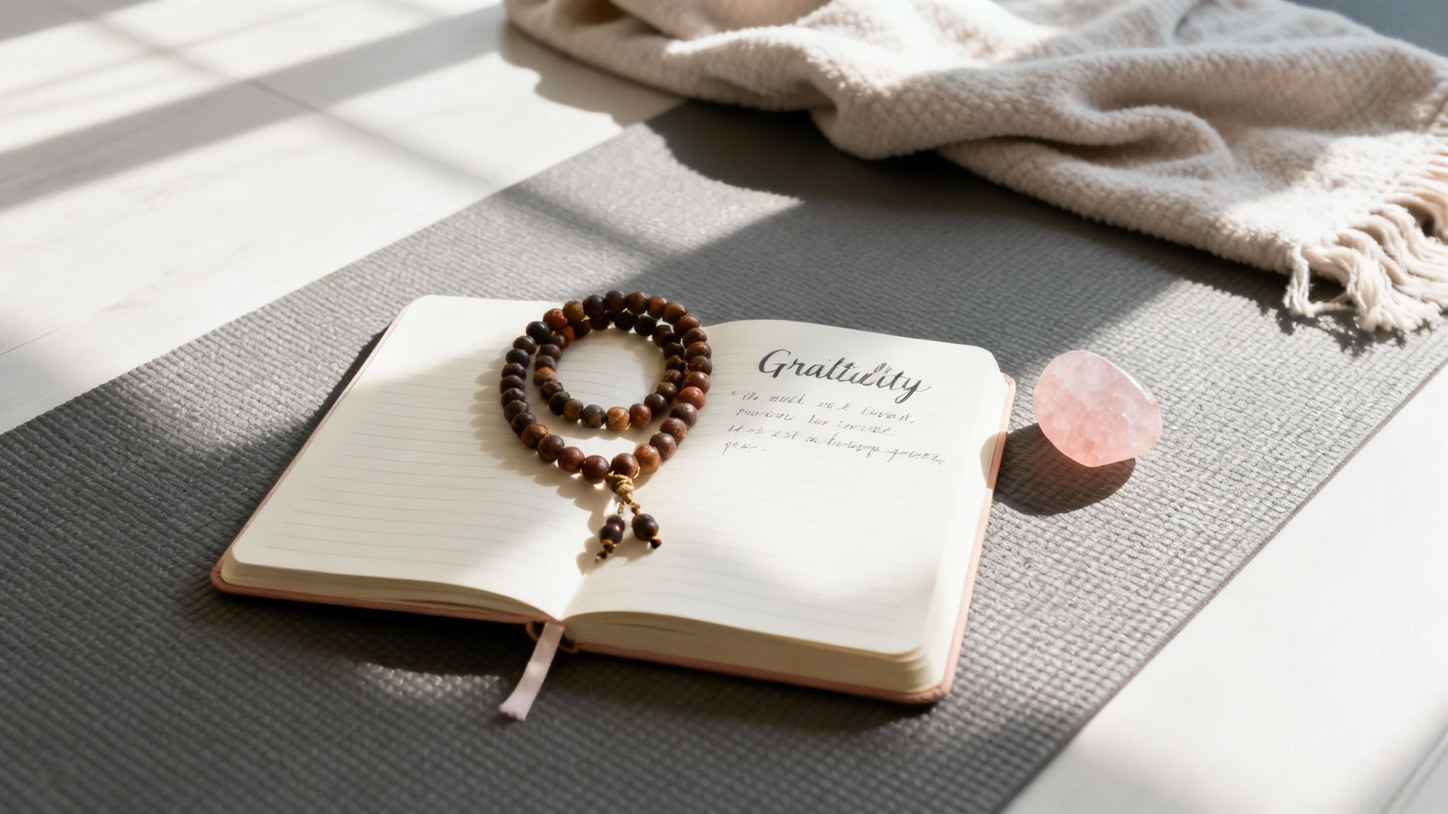 Une personne tenant un mala et des pierres de quartz rose dans un cadre matinal apaisant.