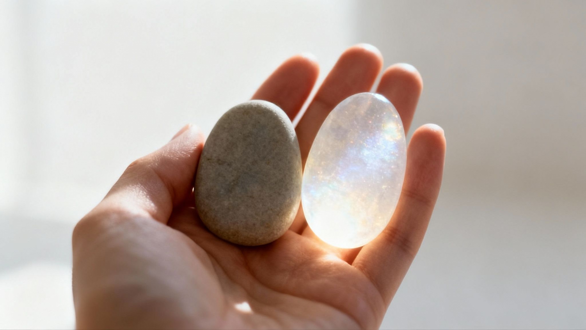 Une main tient deux pierres ovales : l'une grise et opaque, l'autre blanche et irisée, captant la lumière.