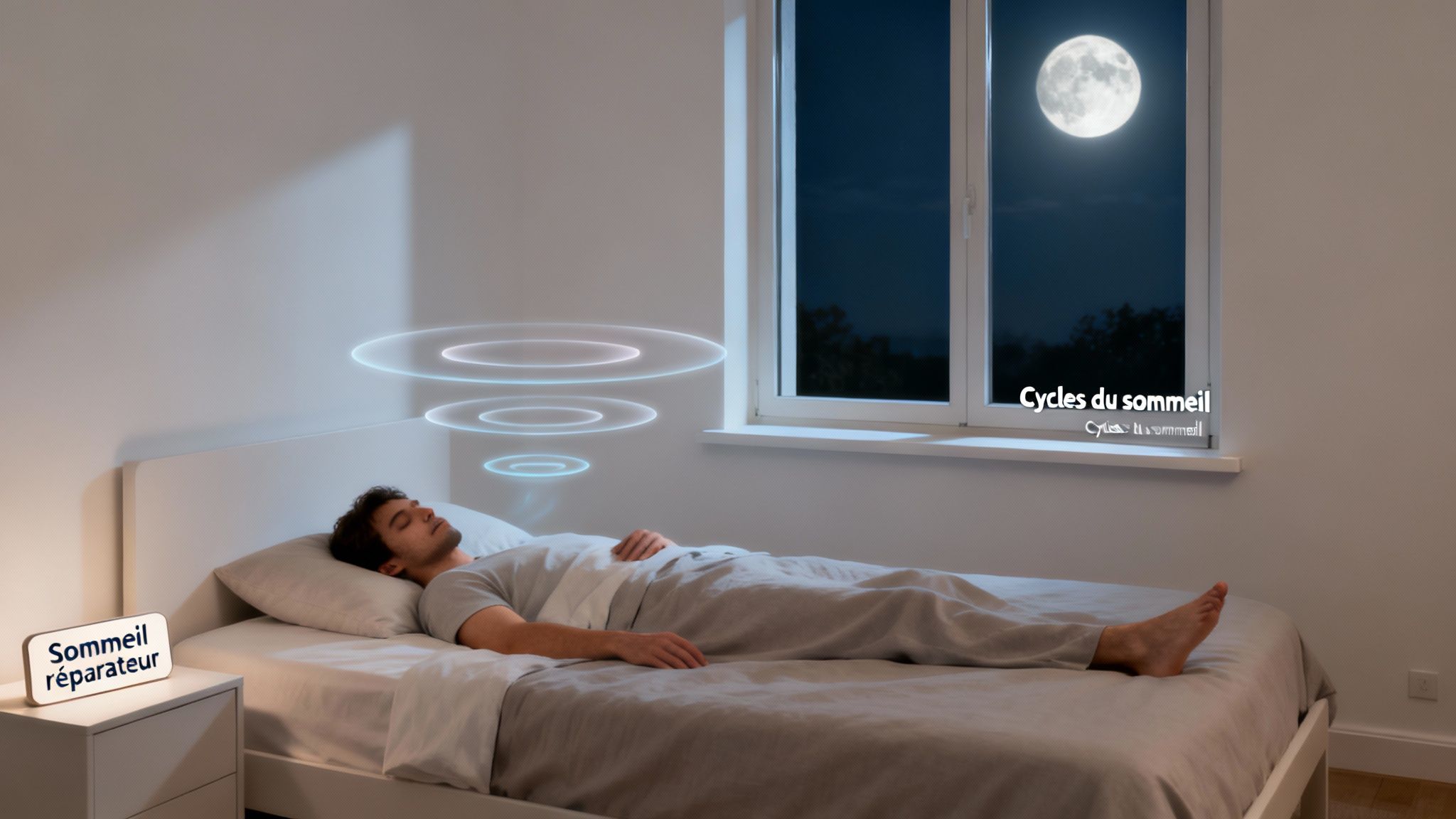 Un homme dort paisiblement dans un lit, des ondes lumineuses au-dessus de sa tête, avec l'inscription « Sommeil réparateur » et « Cycles du sommeil ».