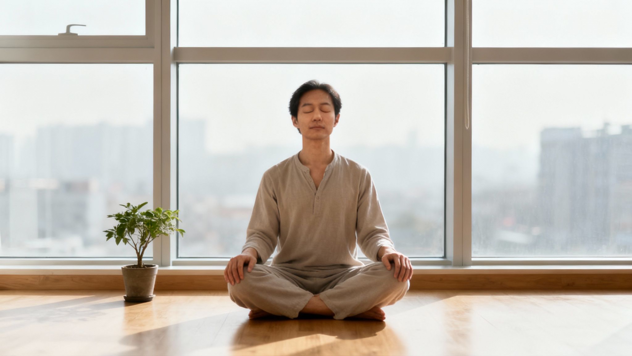 Homme asiatique méditant en position du lotus devant une fenêtre lumineuse dans un intérieur calme