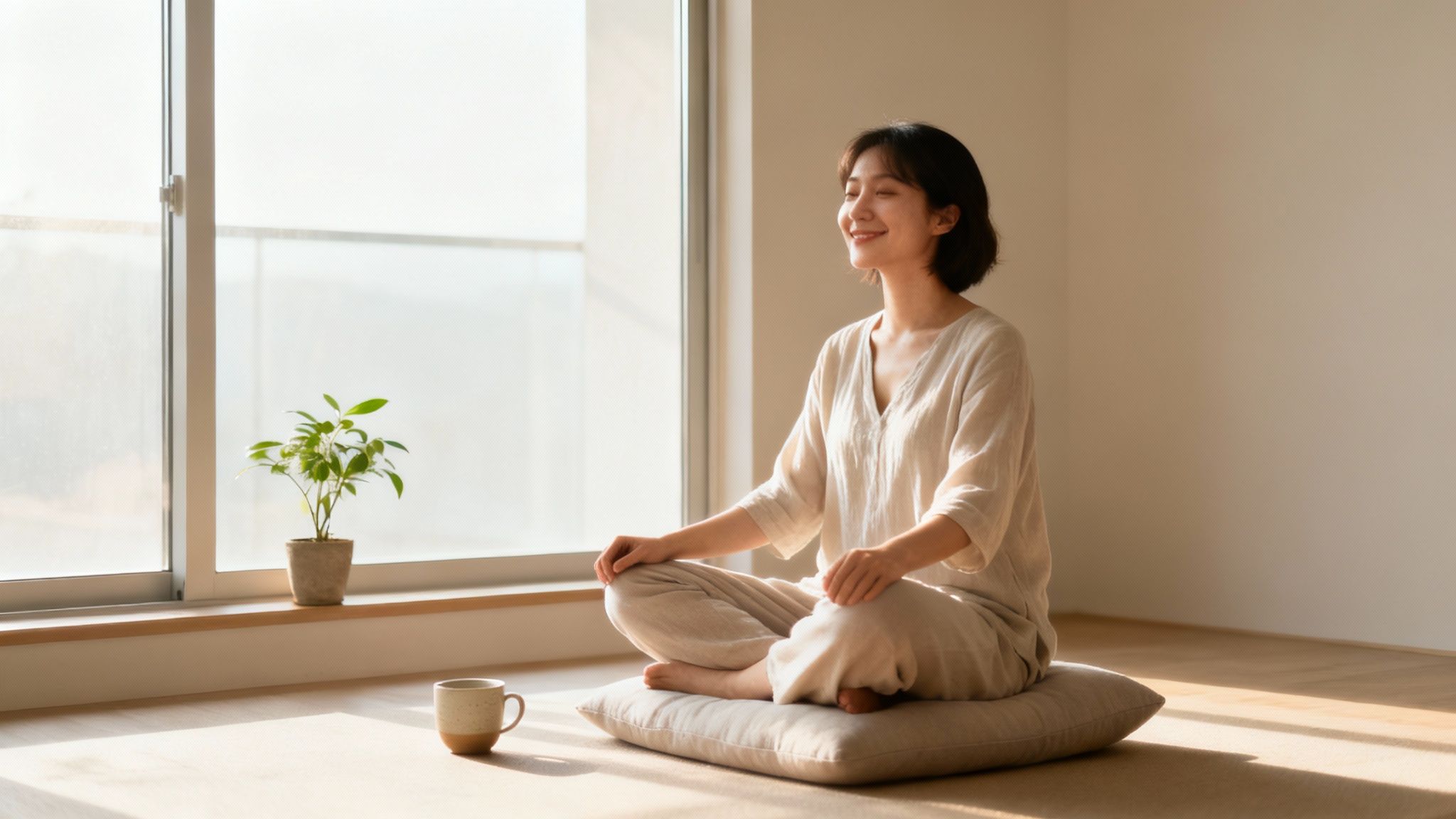 Une femme souriante médite paisiblement assise sur un coussin près d'une fenêtre lumineuse, avec une plante et une tasse à côté.