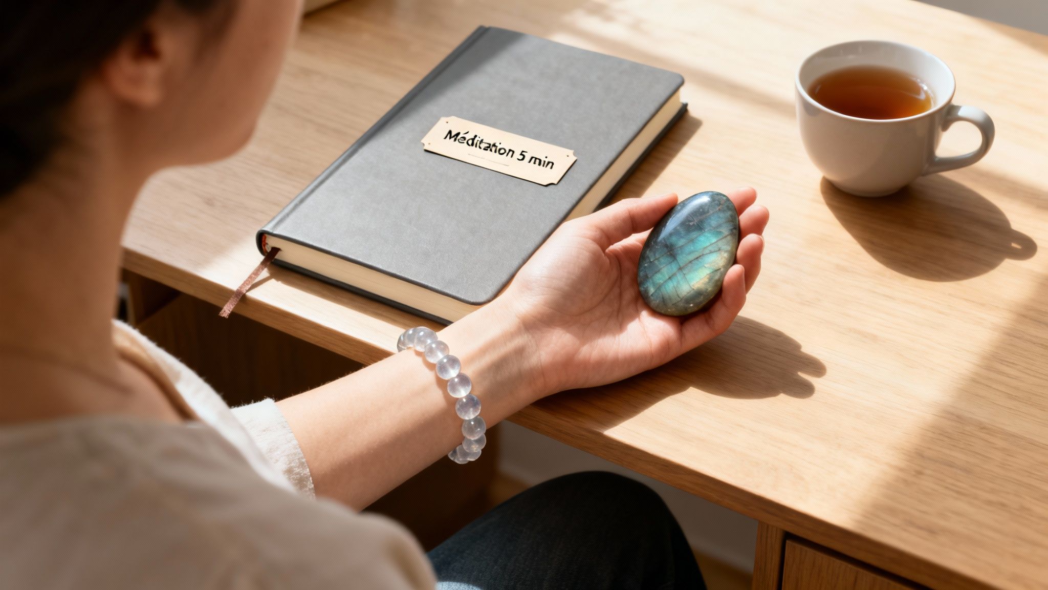 Une main tient une pierre de labradorite près d'un carnet de méditation et une tasse de thé sur un bureau en bois.