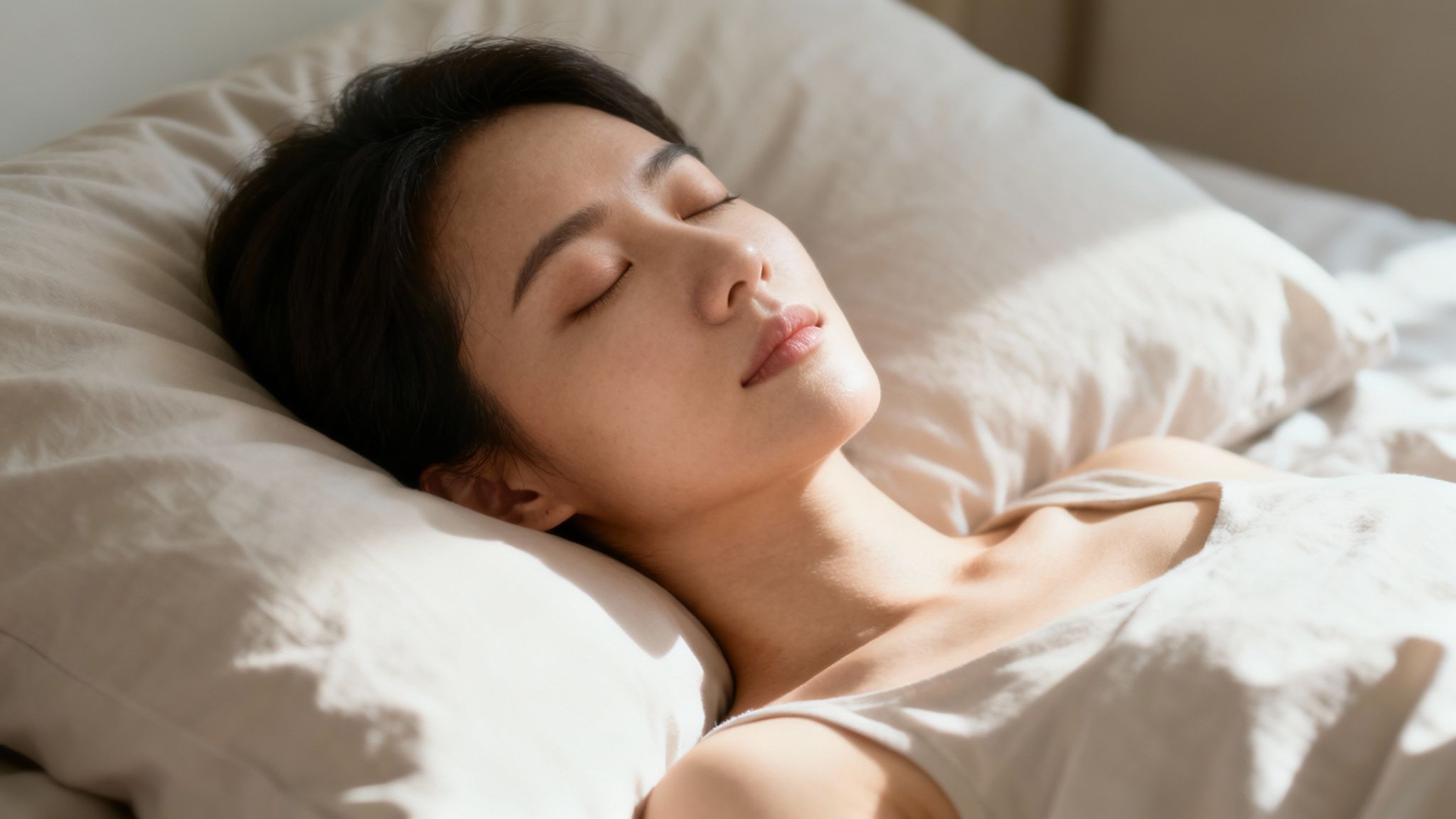 Une femme méditant paisiblement dans son lit, la pièce baignée d'une lumière douce.