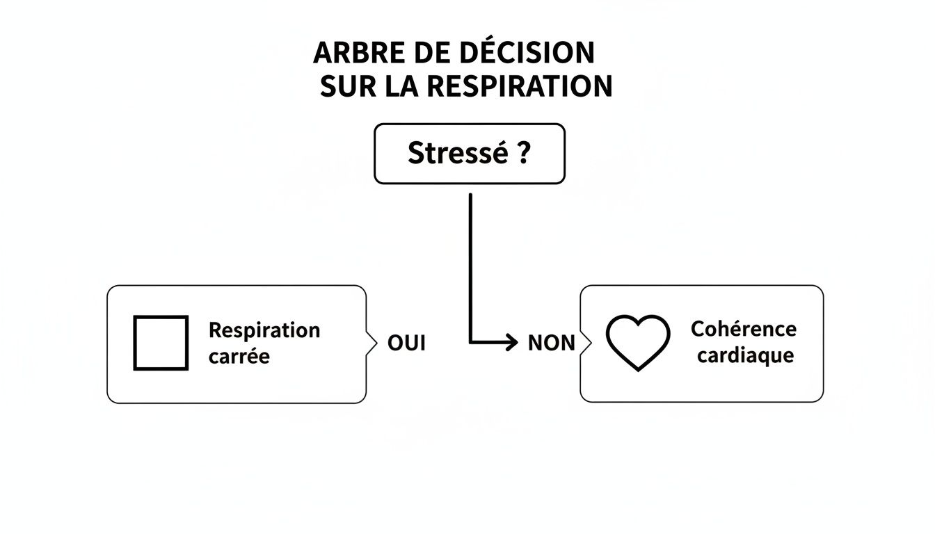 Arbre de décision sur la respiration, demandant si l'on est stressé pour choisir entre respiration carrée ou cohérence cardiaque.