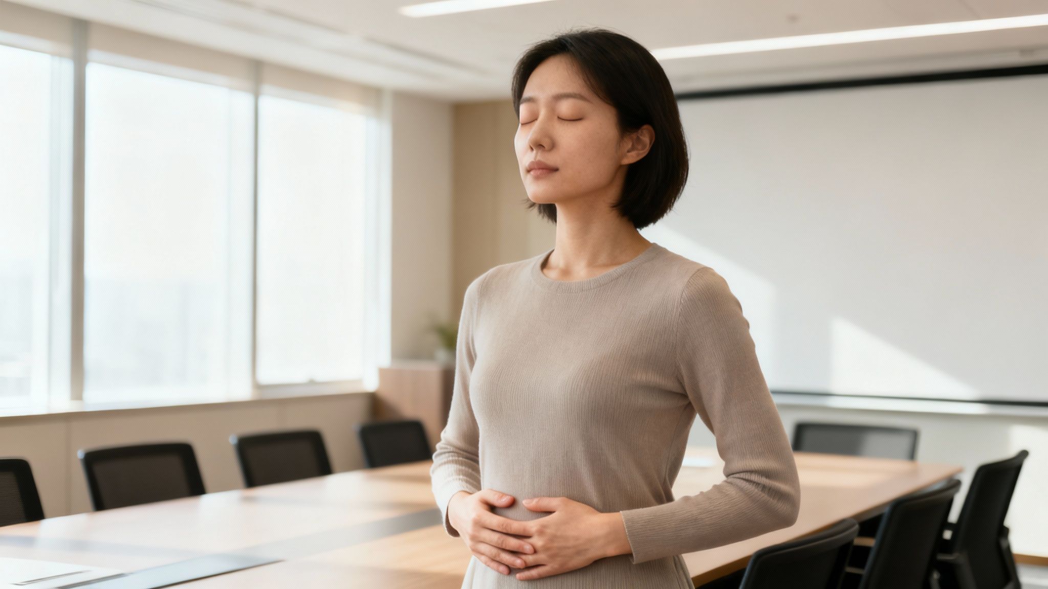 Femme asiatique pratiquant la respiration profonde et la méditation dans un bureau moderne lumineux