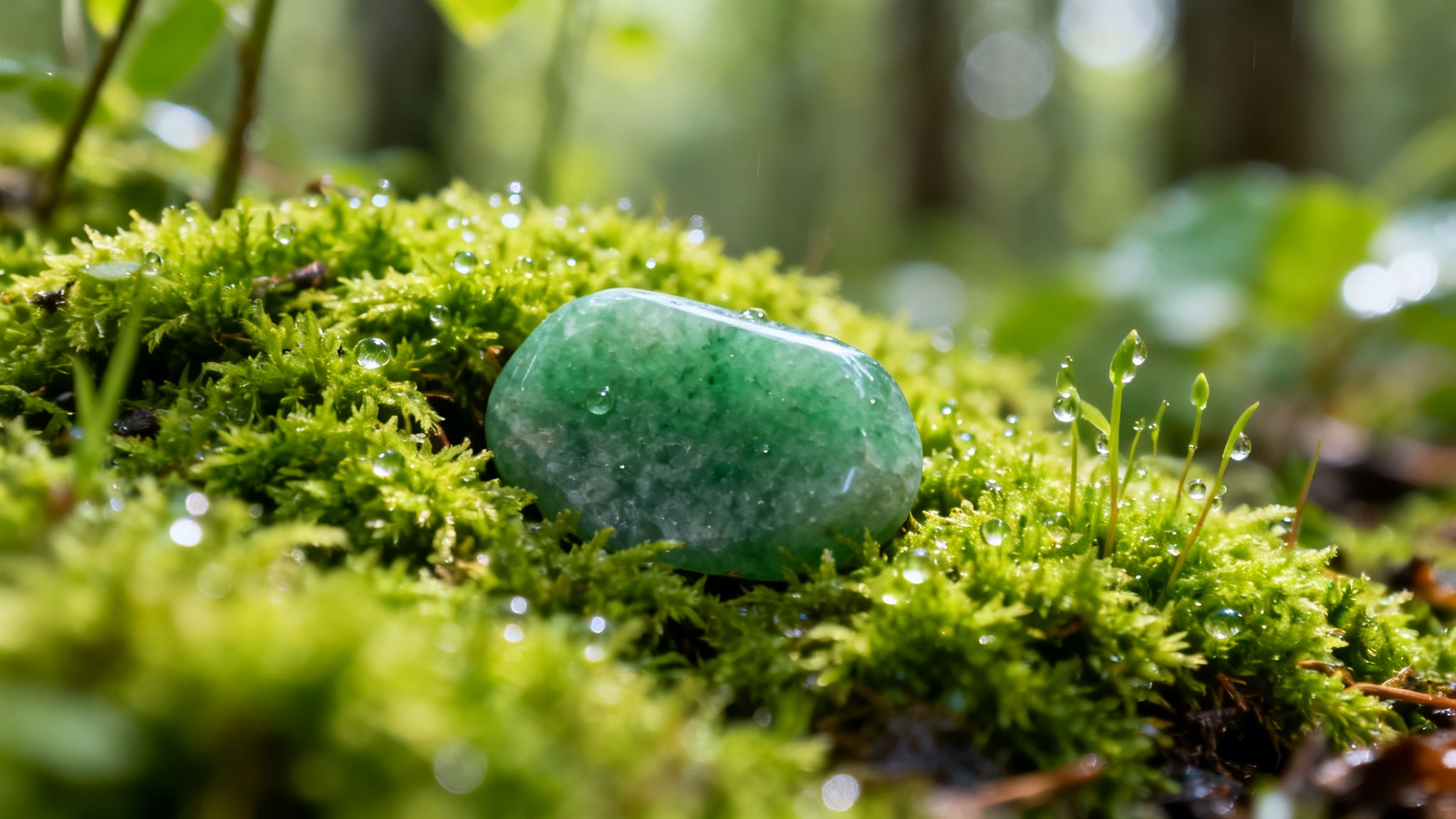 Pierre d'aventurine verte polie sur de la mousse fraîchement arrosée avec des gouttes d'eau. 