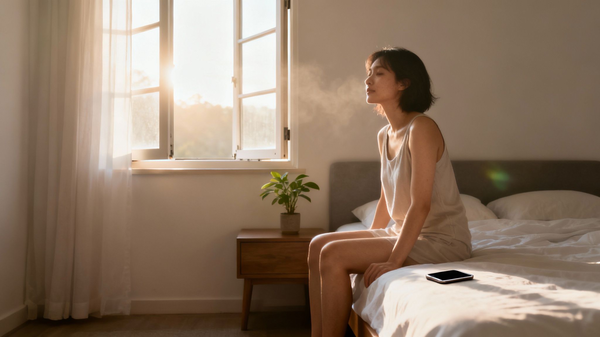 Personne méditant au lever du soleil avec une lumière douce et chaude.