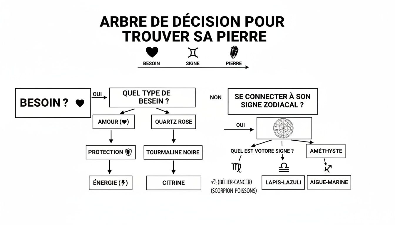 Arbre de décision pour choisir une pierre semi-précieuse en fonction de son besoin ou de son signe astrologique.