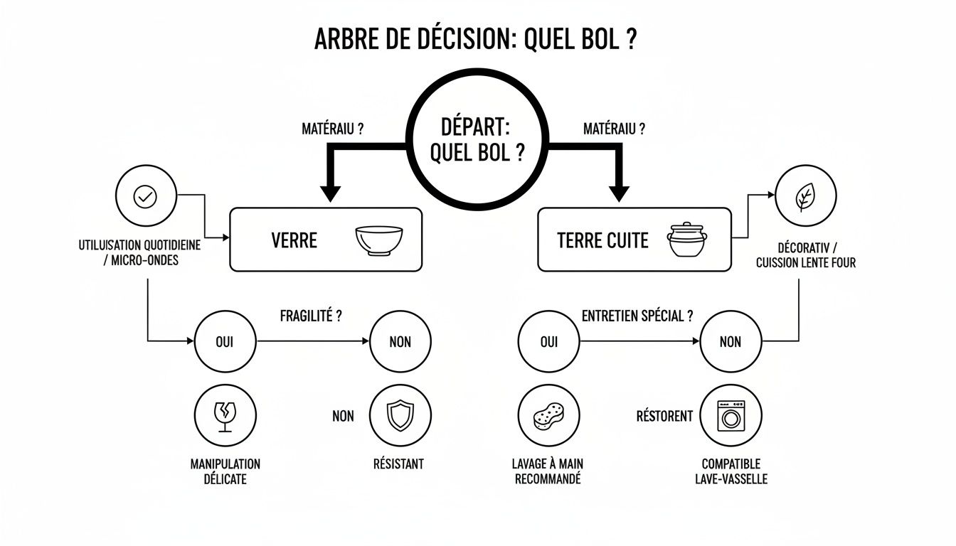 Un diagramme de décision expliquant le choix d'un bol en verre ou terre cuite selon l'usage et l'entretien.