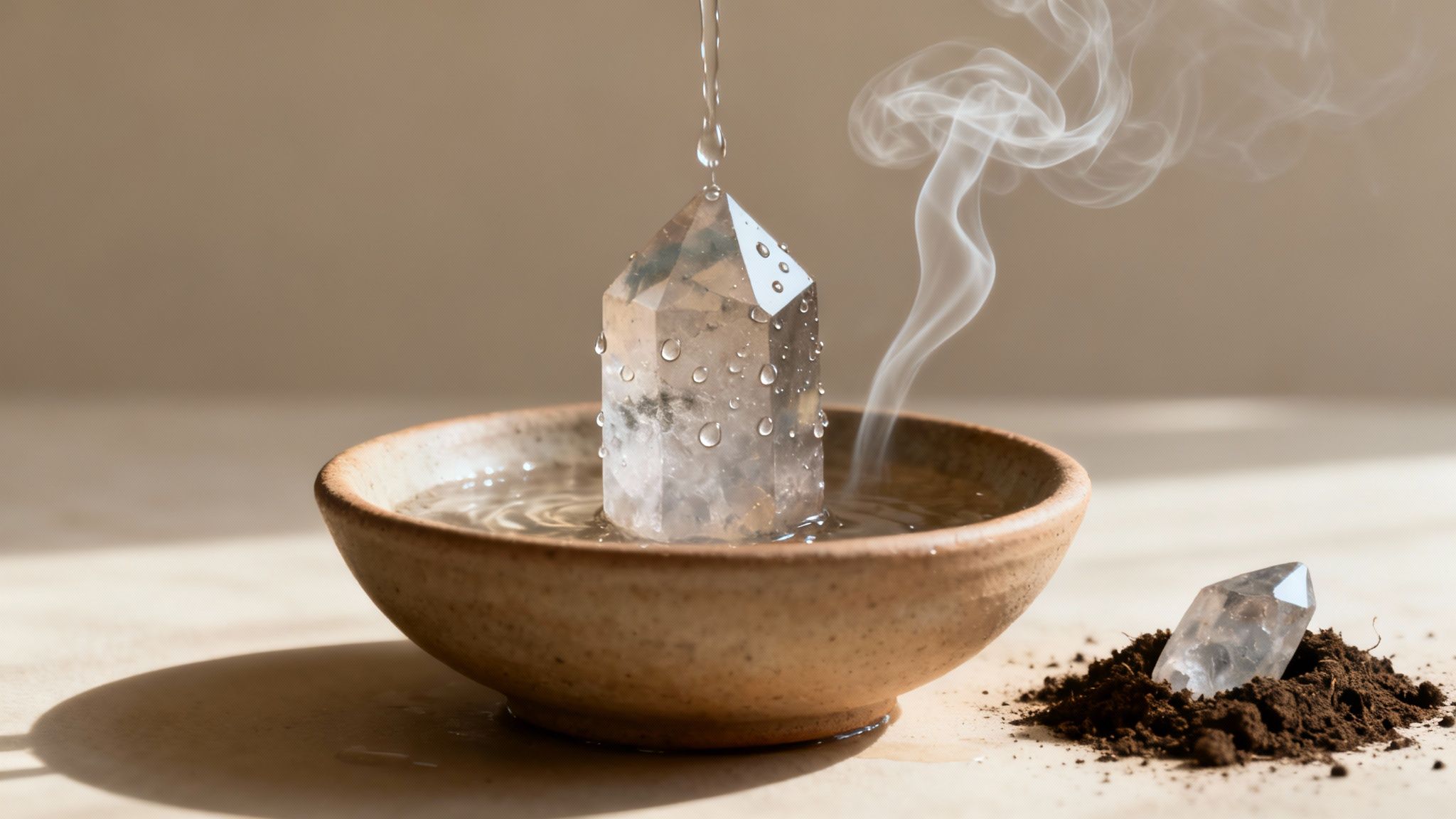 Personne nettoyant un cristal sous l'eau courante.